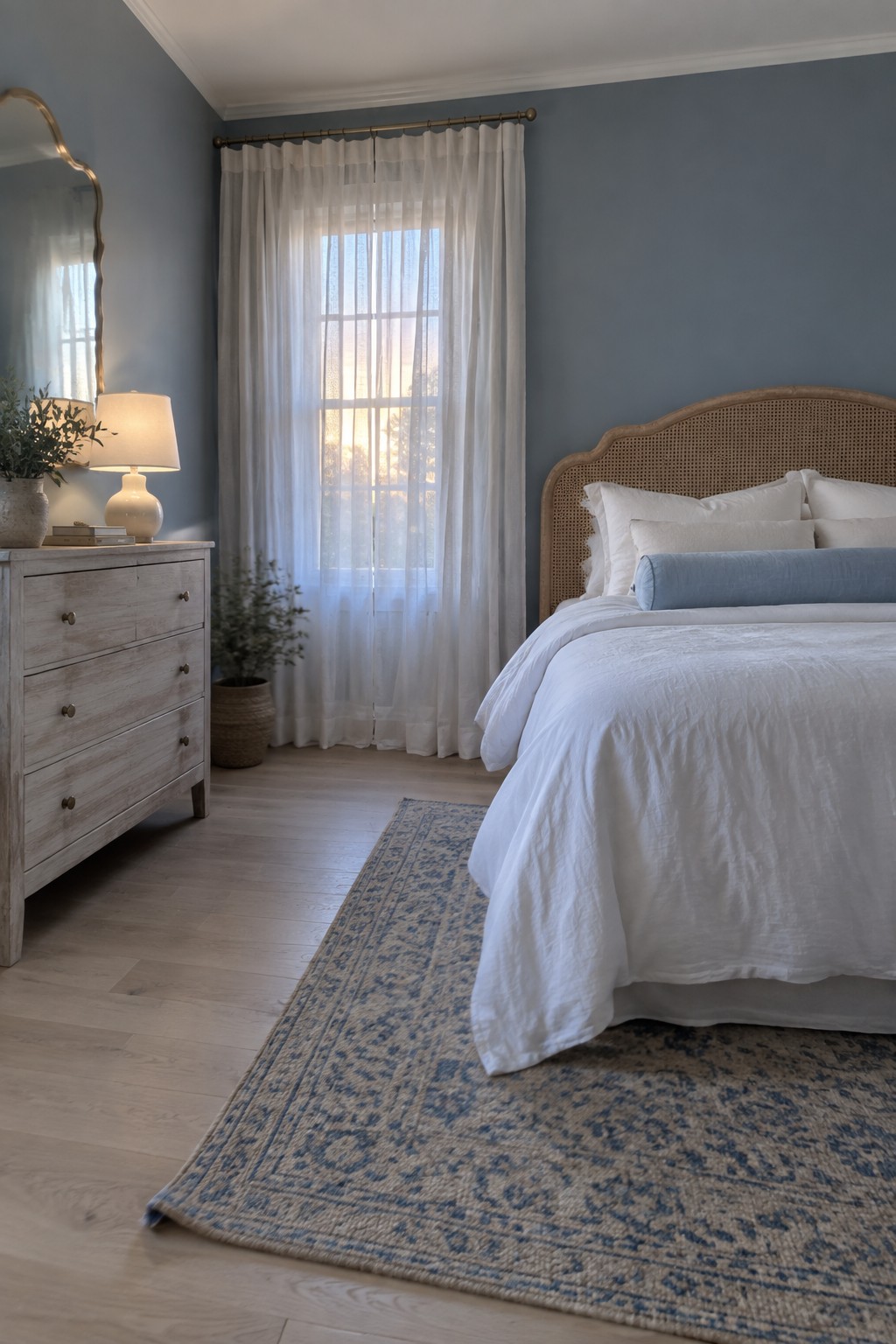 Bedroom with muted blue walls, white bedding, and light wood flooring.