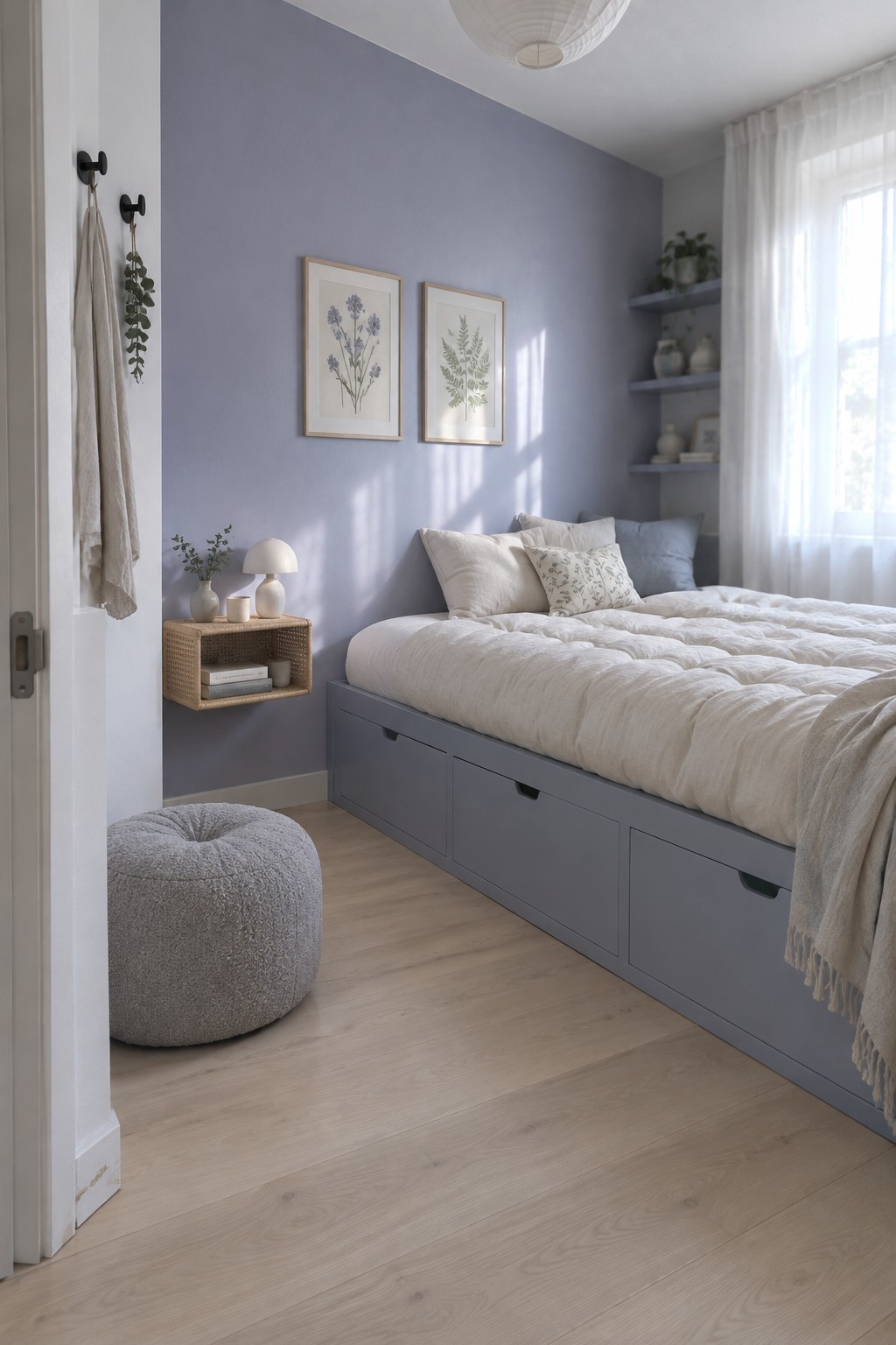 Soft blue-gray walls in a bedroom with light wood floors and a low platform bed.