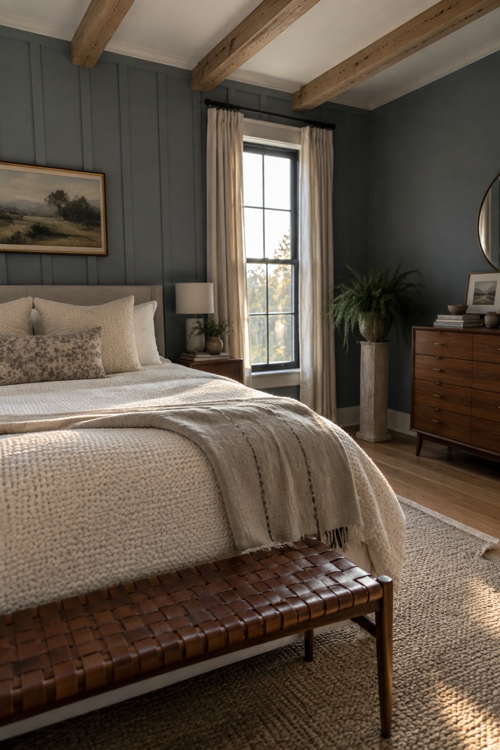 Bedroom walls painted in a muted blue gray with white trim and exposed wood beams.