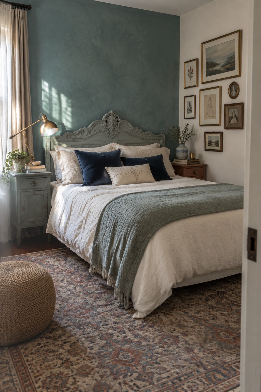 Elegant bedroom with ornate headboard, white bedding, teal wall, and gallery art.