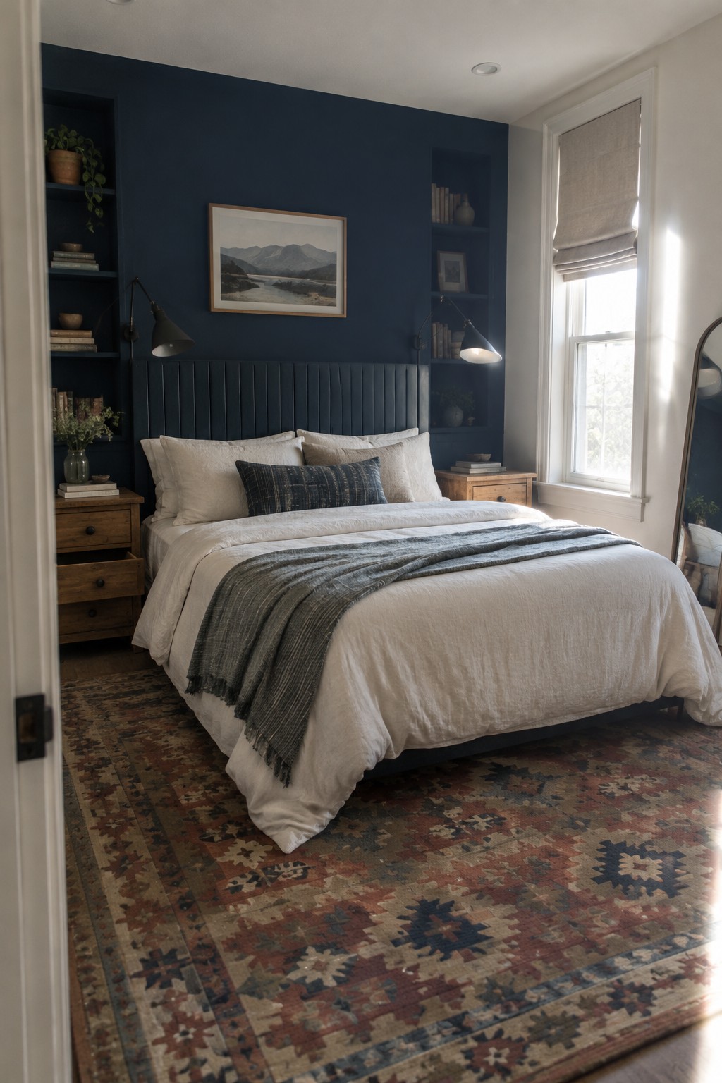 Deep navy blue walls and built-in shelves in a bedroom with white bedding and wood furniture.