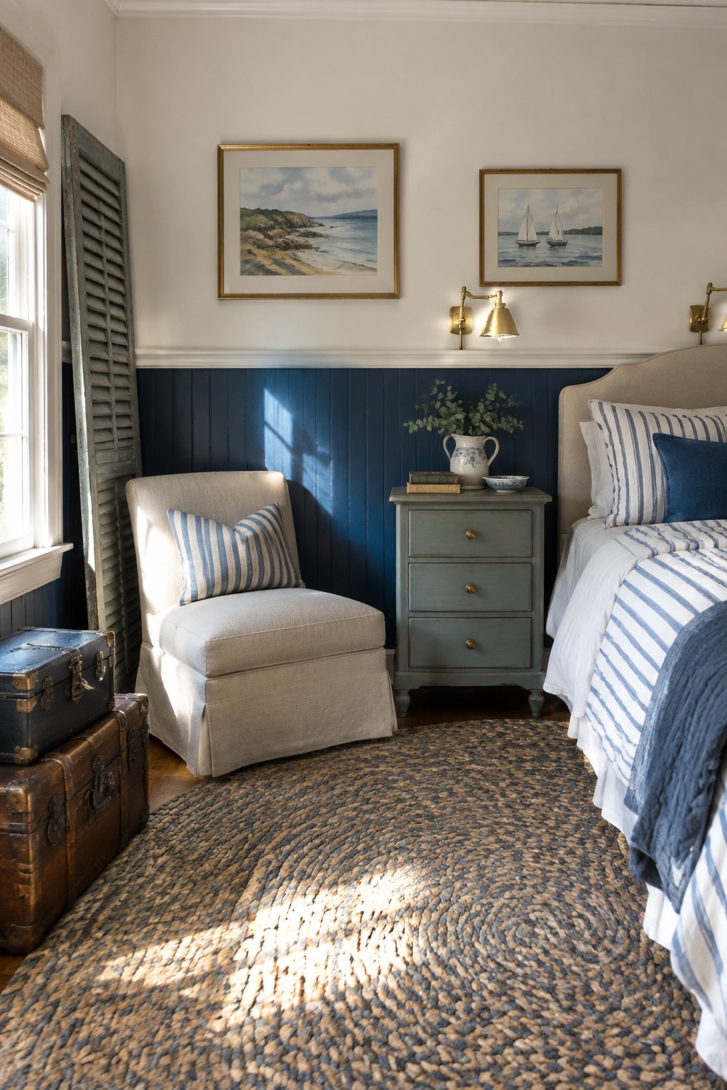 Coastal bedroom with blue wainscoting, beige armchair, sailboat paintings, and woven rug