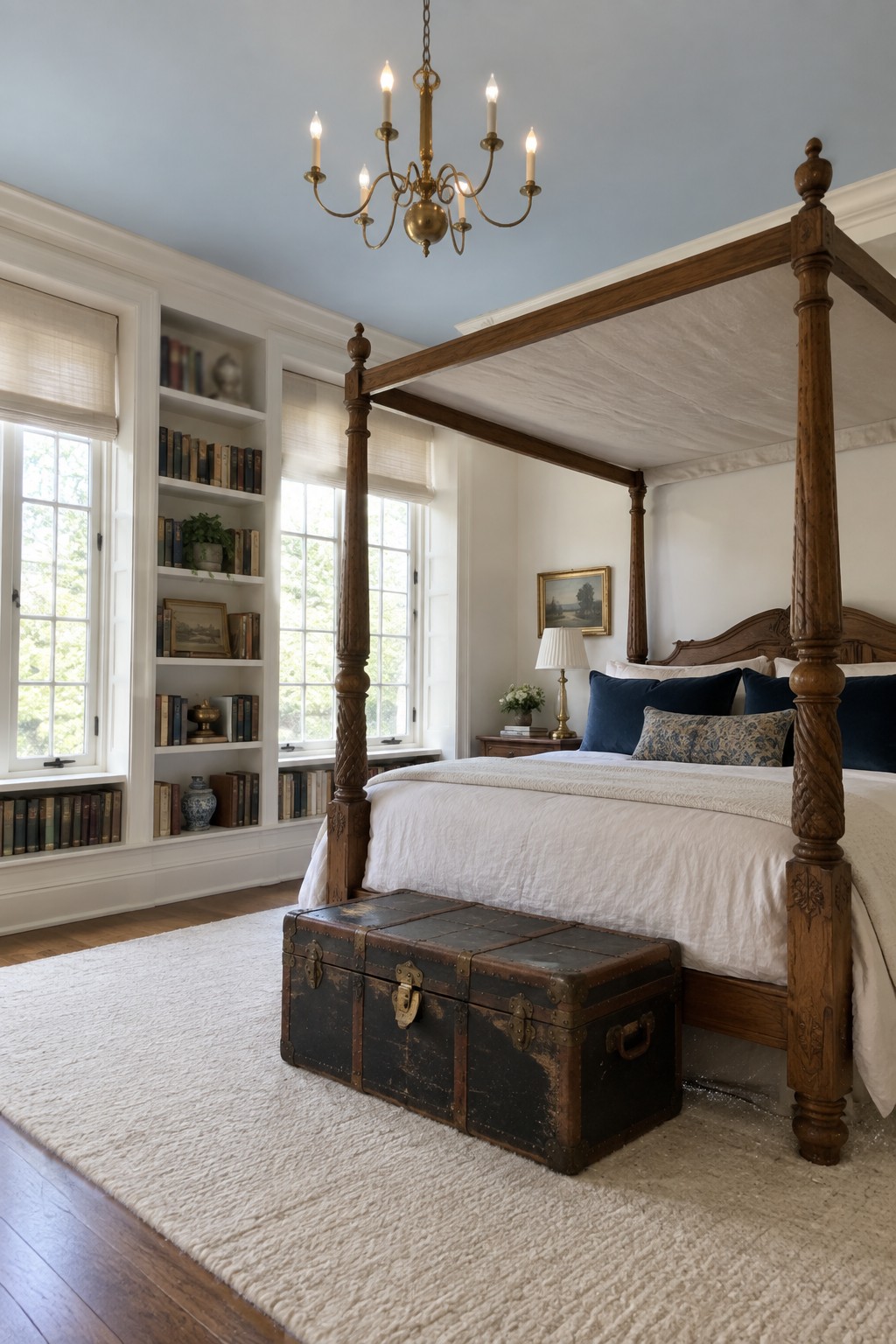 Bedroom with pale blue walls, white trim, and dark wood four-poster bed.