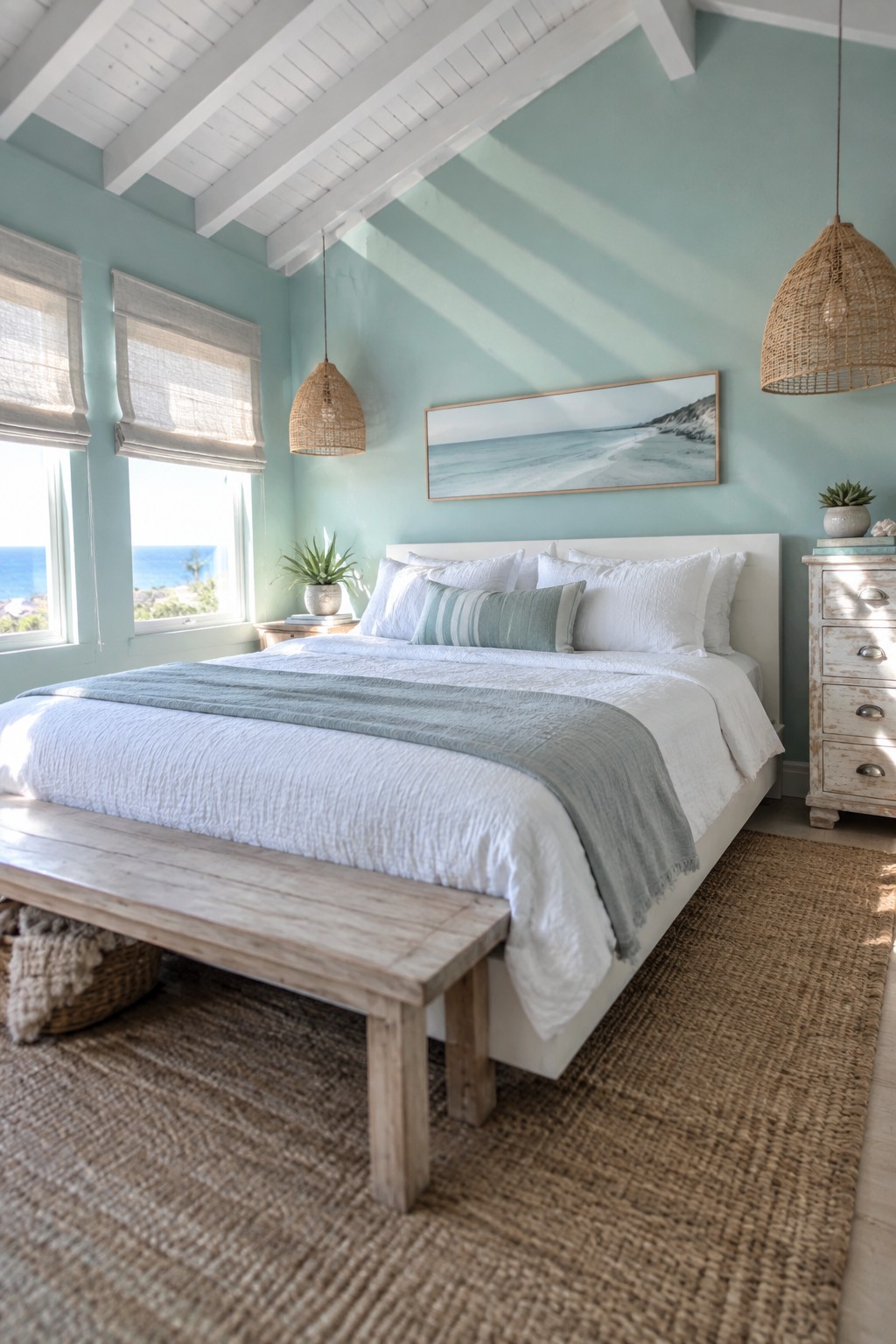 Coastal bedroom with white bed, light blue walls, jute rug, and ocean view.