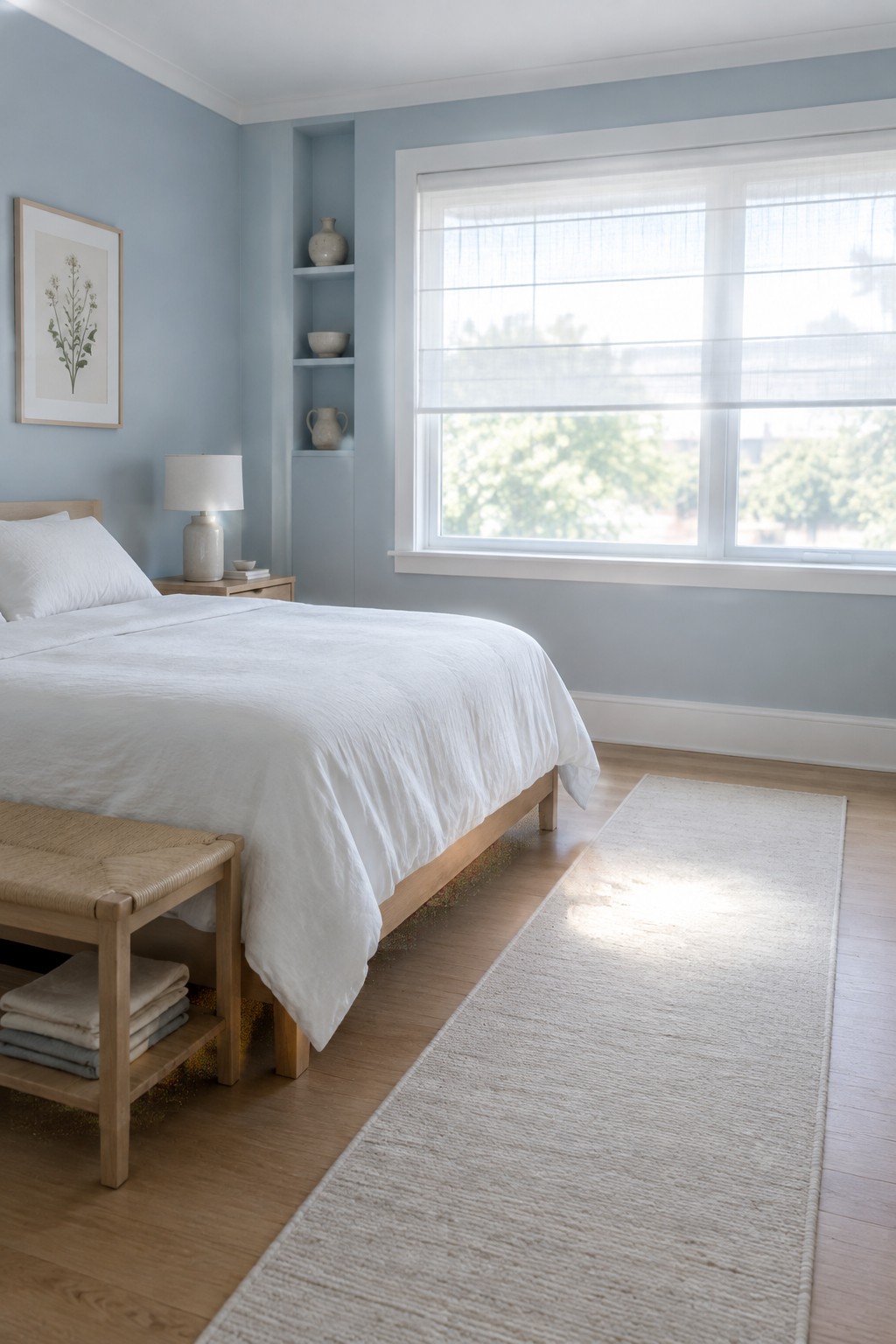 Light blue bedroom walls with white trim and warm wood flooring.
