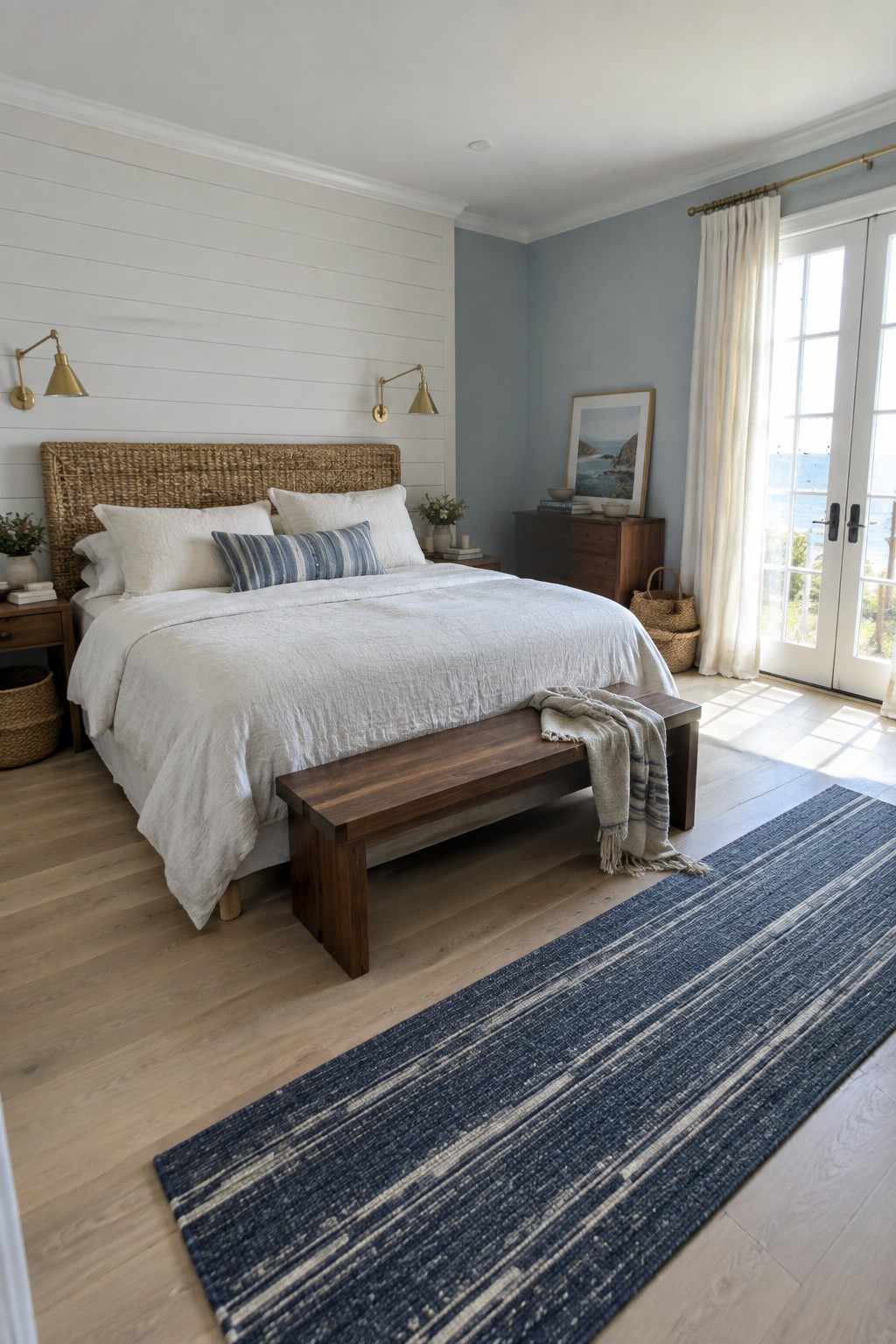 A bedroom with soft blue walls next to a white shiplap accent wall.