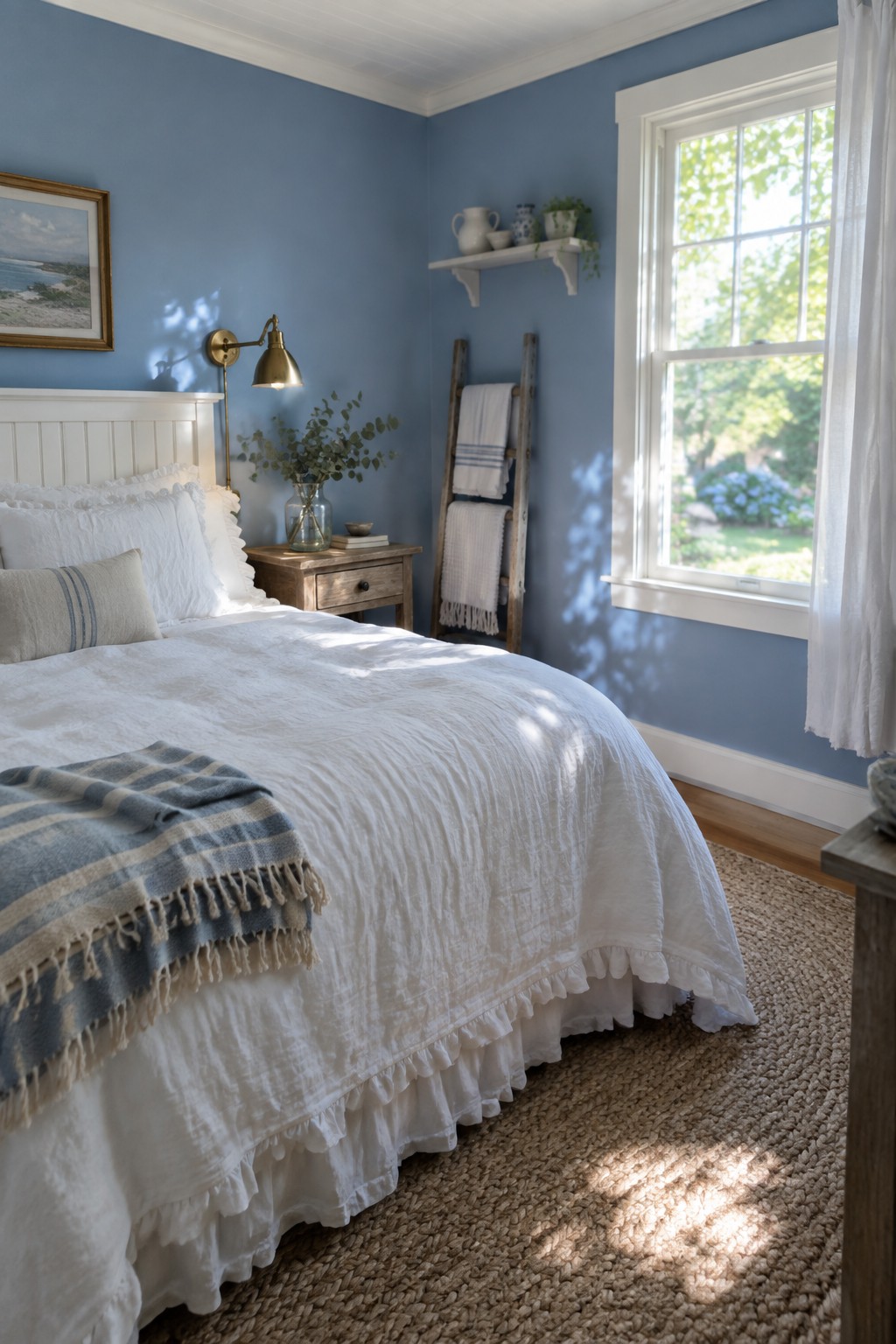 A bedroom with soft blue walls, white trim, and a white bed on a woven rug.