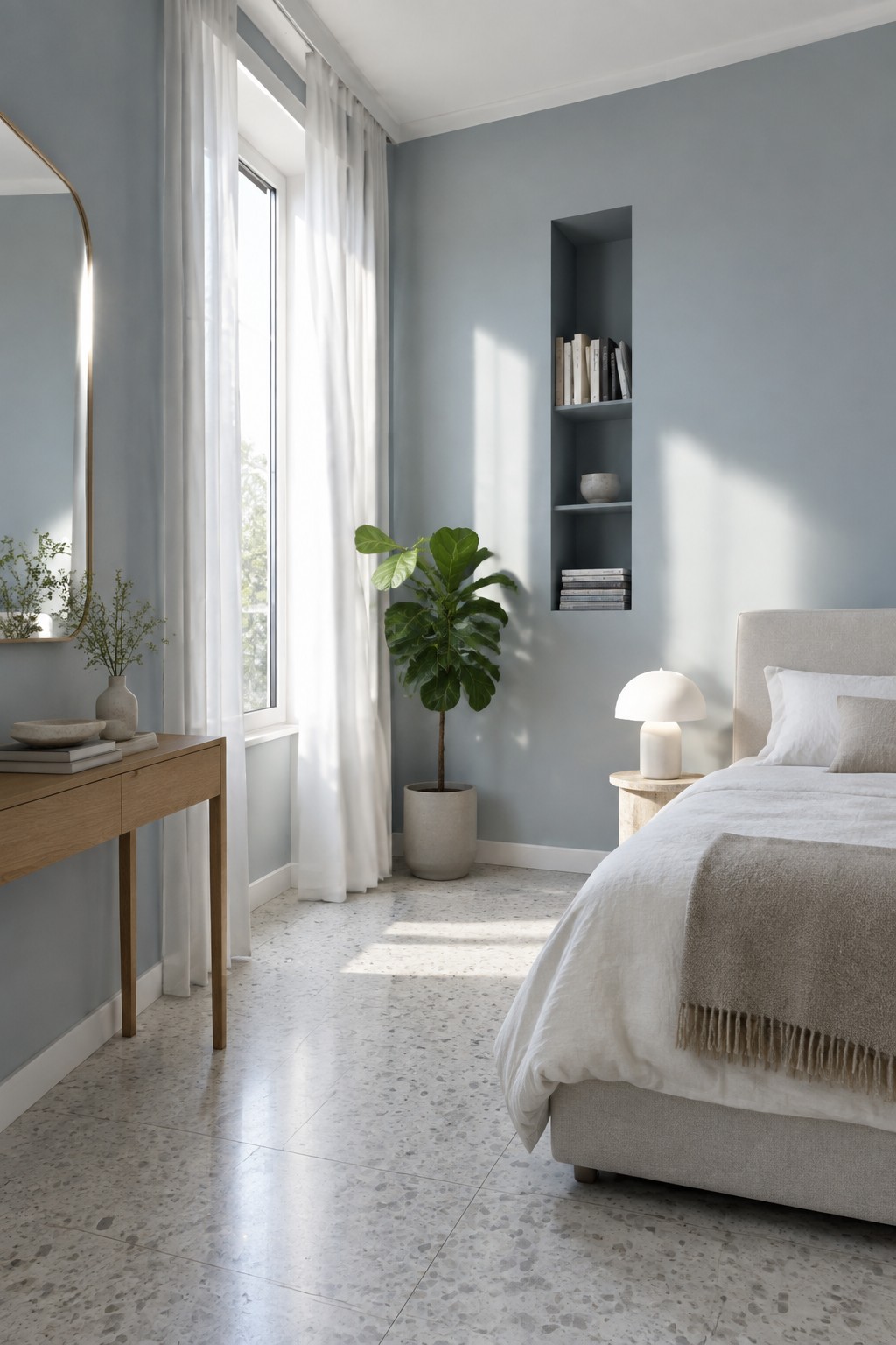 Minimalist bedroom with light blue walls, white bed, plant, and terrazzo floor