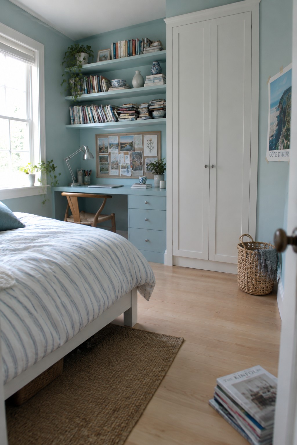 Cozy light blue bedroom with white bed, desk, bookshelves, and wooden floors.