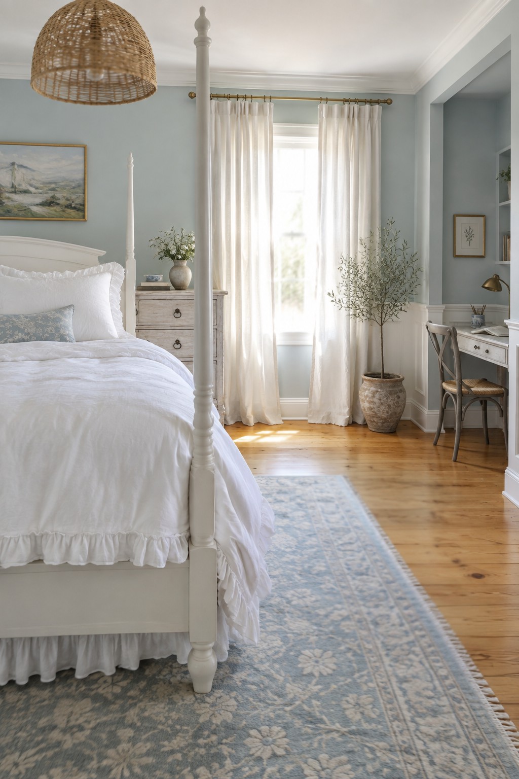 A bedroom with soft blue walls, white trim, and a white four-poster bed.