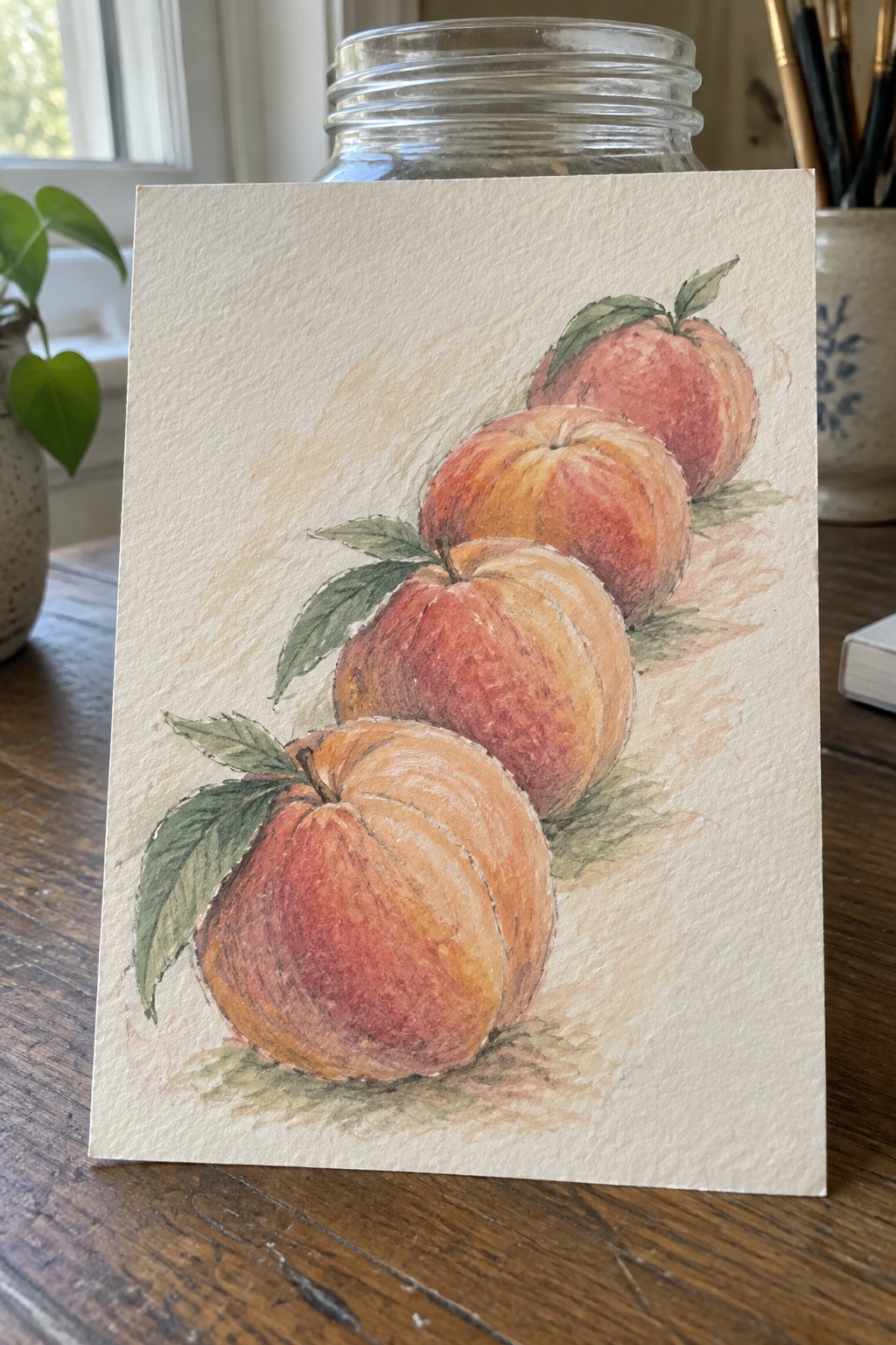 Four watercolor peaches with green leaves on textured white paper