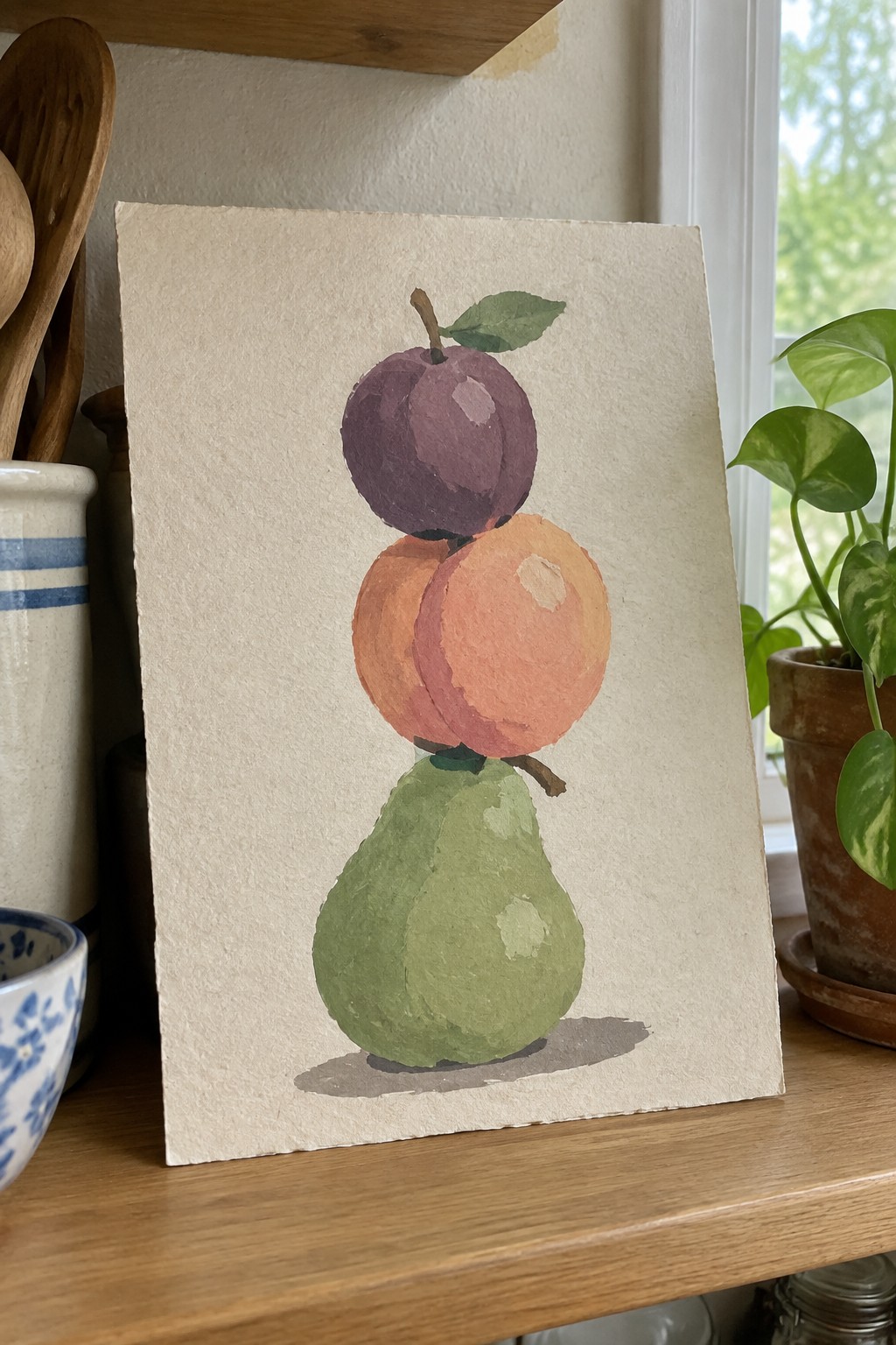 Watercolor painting of stacked green pear, orange peach, and purple plum on paper