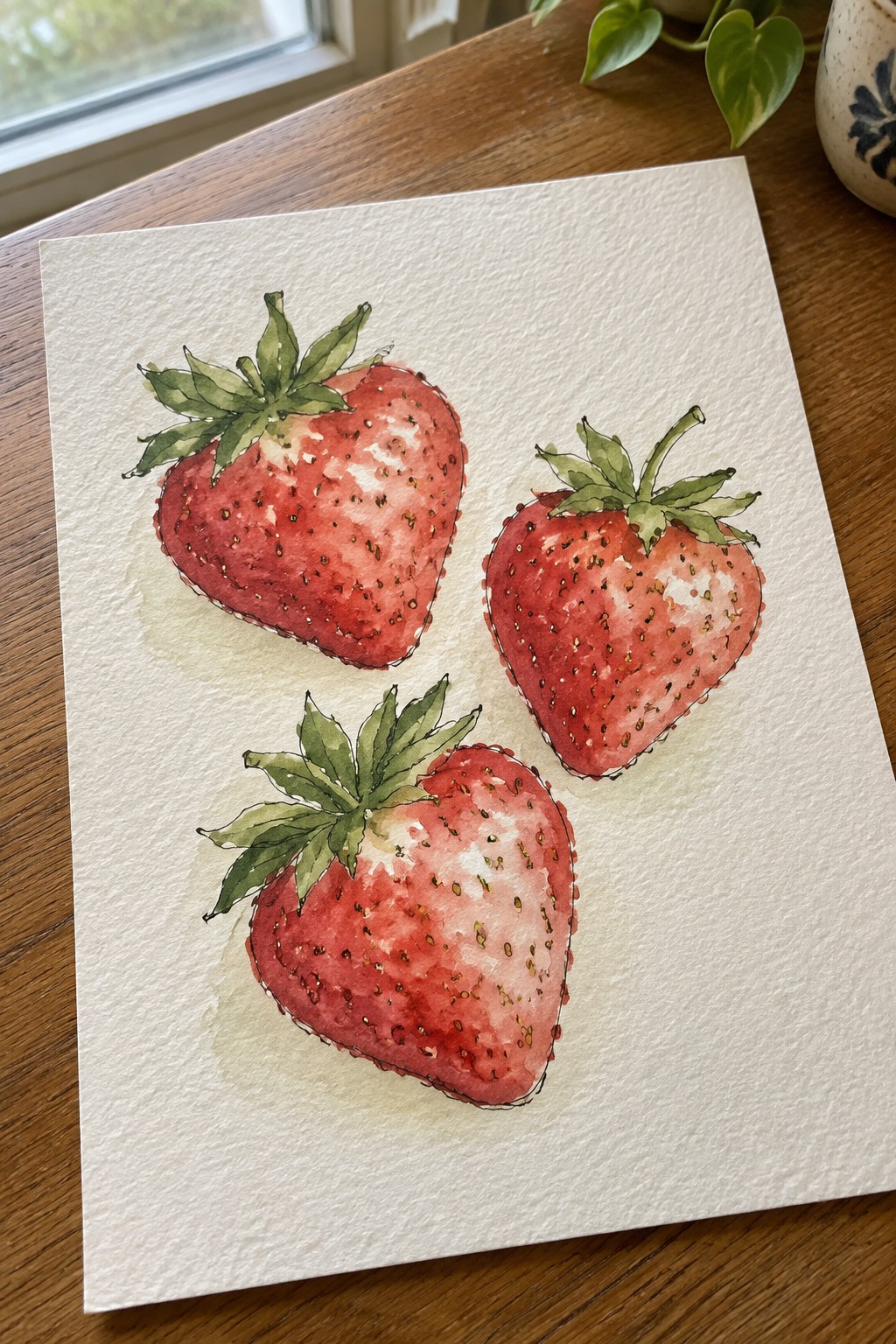 Three red watercolor strawberries with green leaves on white paper