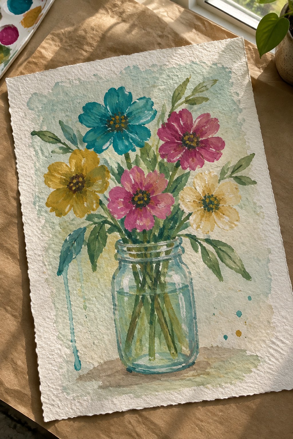 Watercolor of blue, pink, and yellow flowers in a glass mason jar
