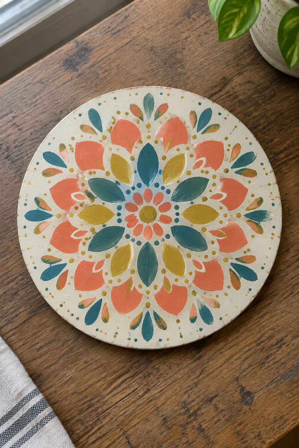 A round wooden plaque painted with a colorful symmetrical floral mandala in coral, teal, yellow, and green tones.