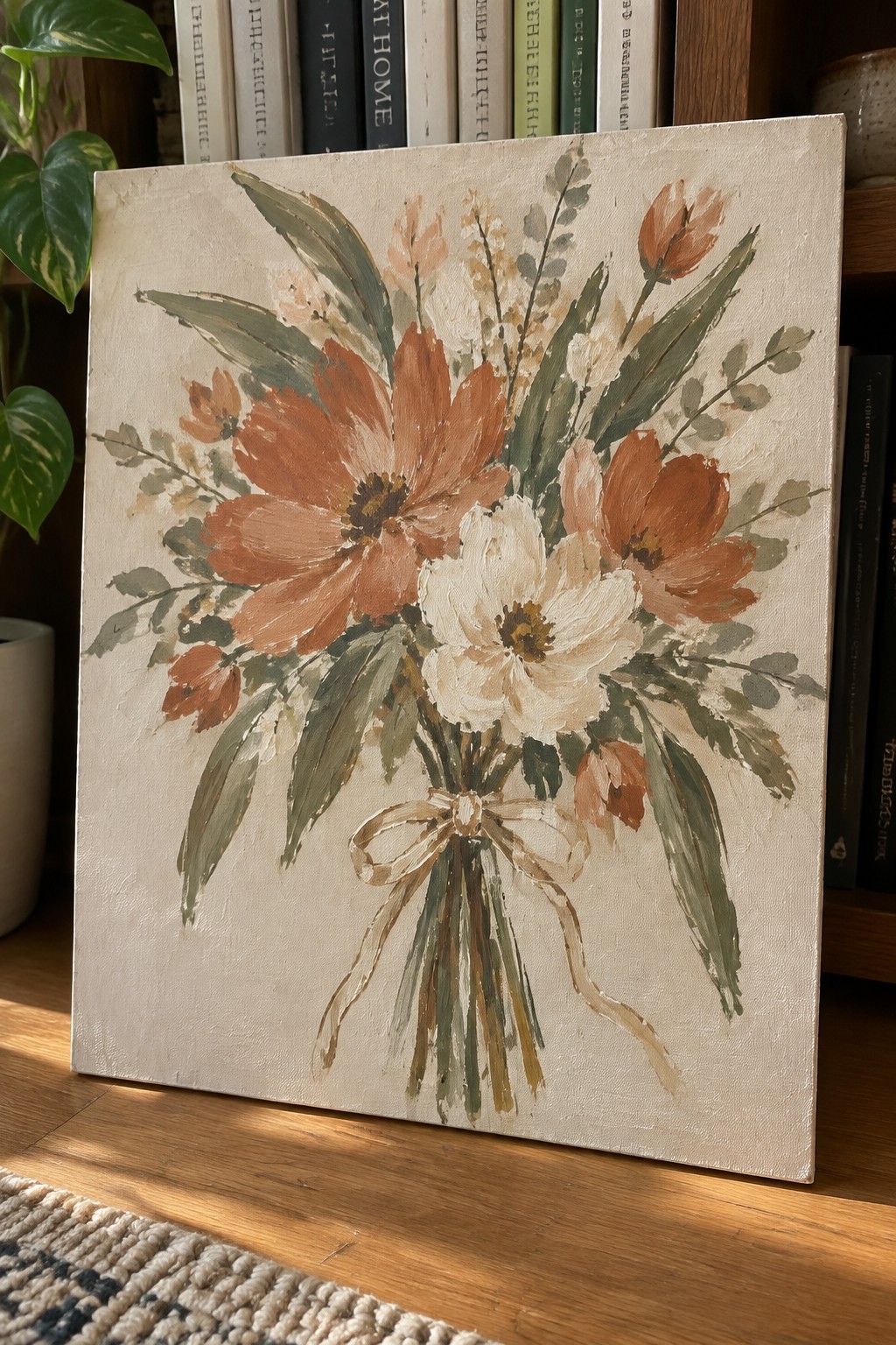 Canvas painting of orange and white flowers tied with a beige bow.