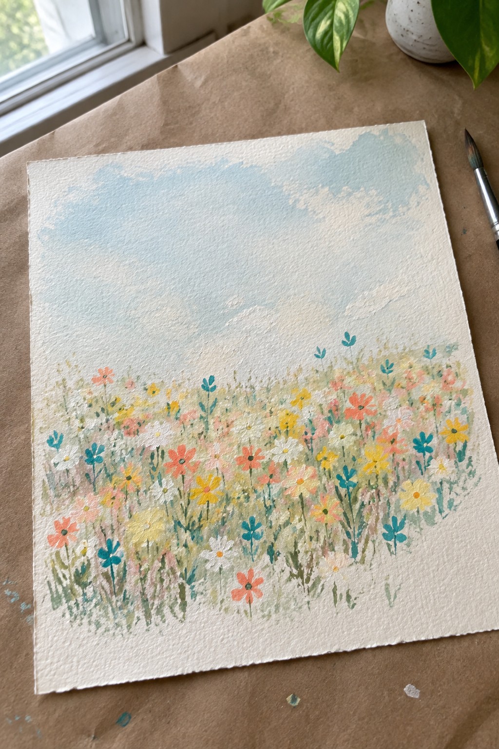 Watercolor meadow of pink, yellow, and blue wildflowers on white paper with brush