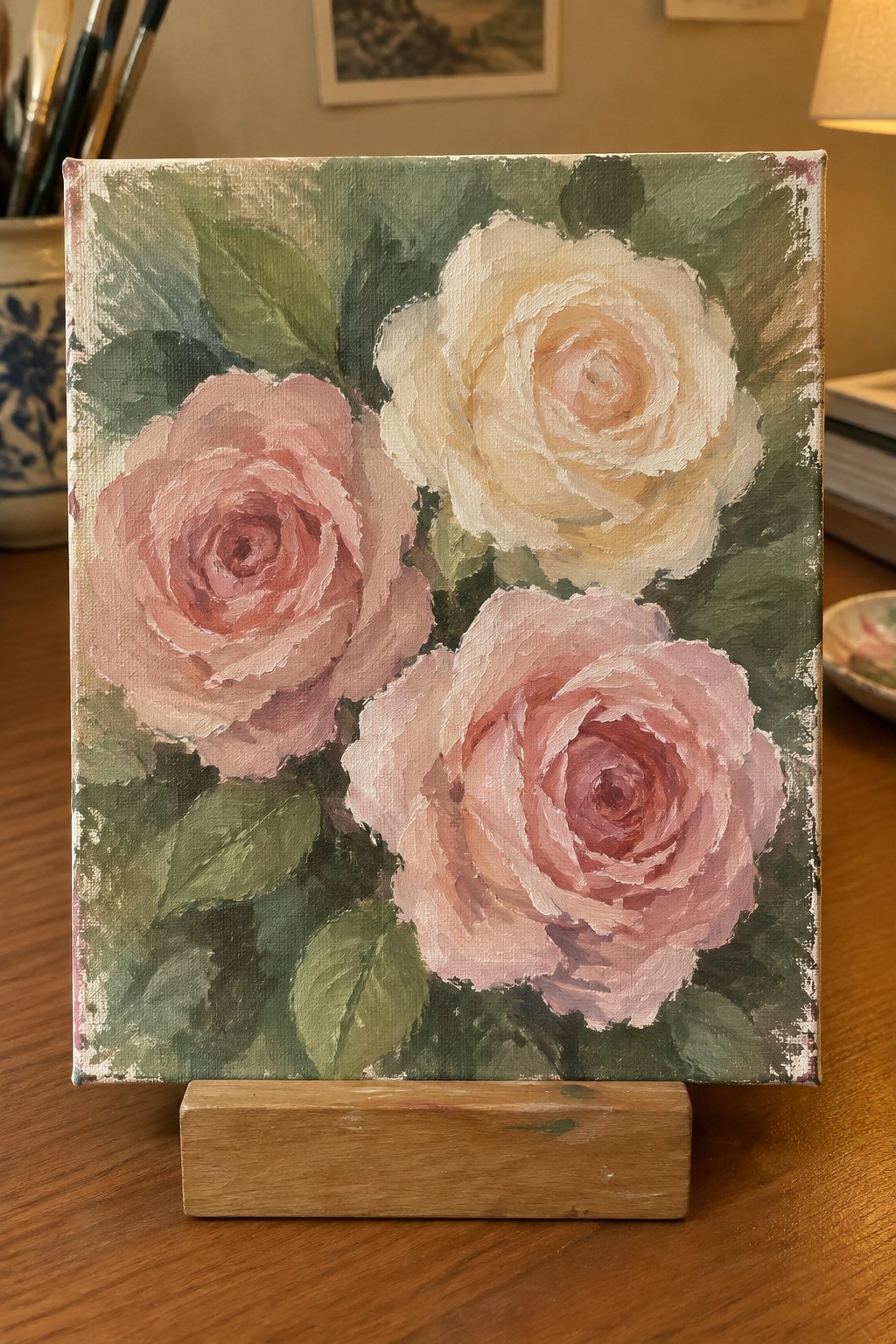 Small canvas painting of three pink and white roses on wooden stand