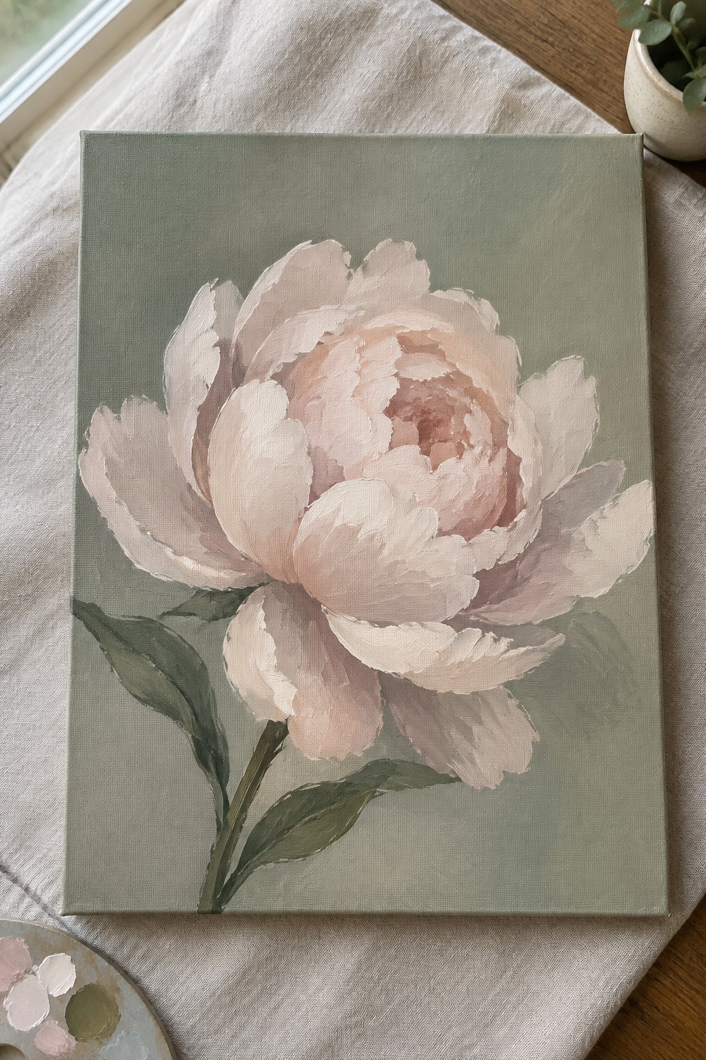 Pale pink peony painting on sage green canvas atop linen fabric with palette