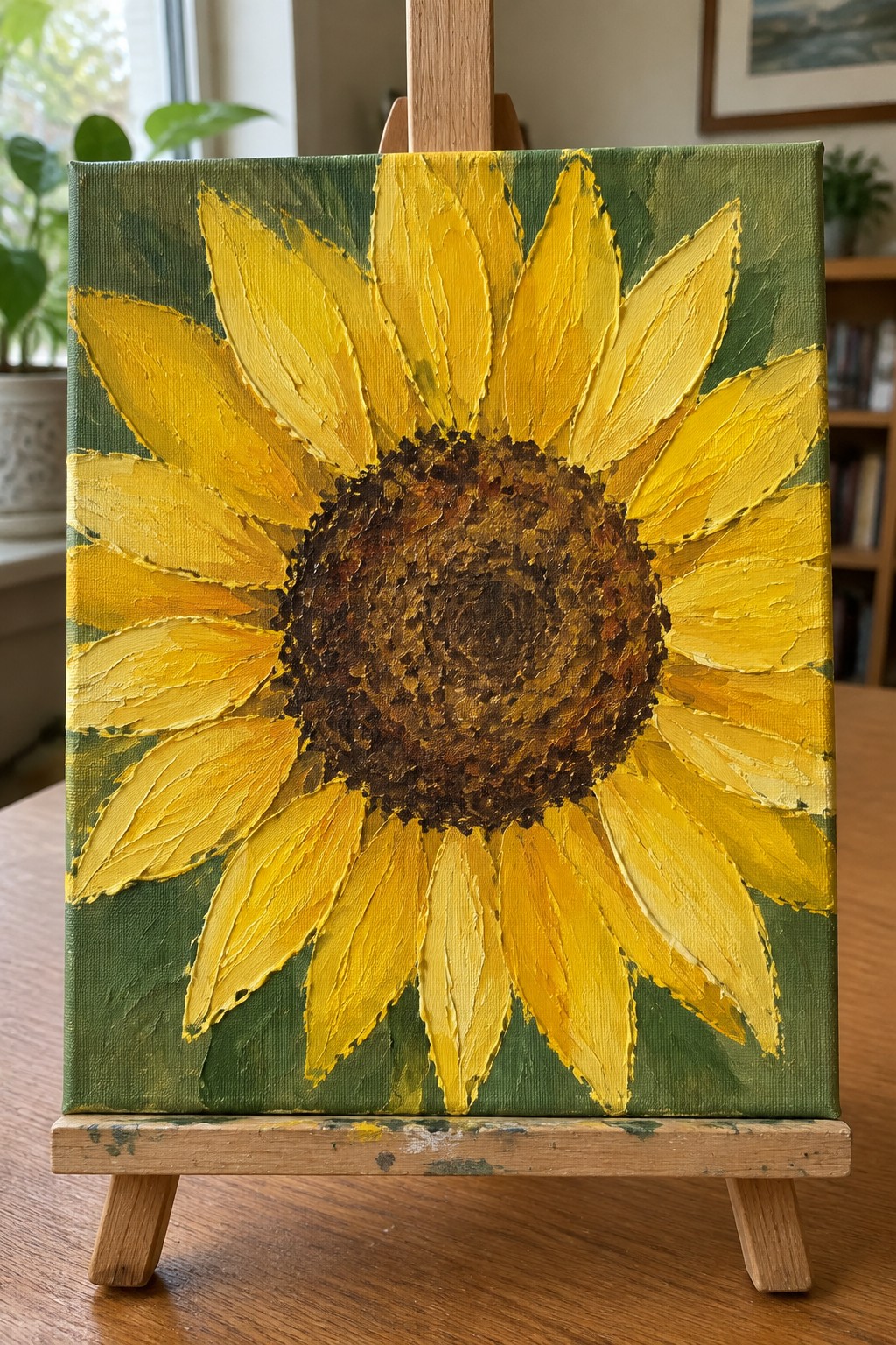 Thickly textured yellow sunflower painting with brown center on wooden easel