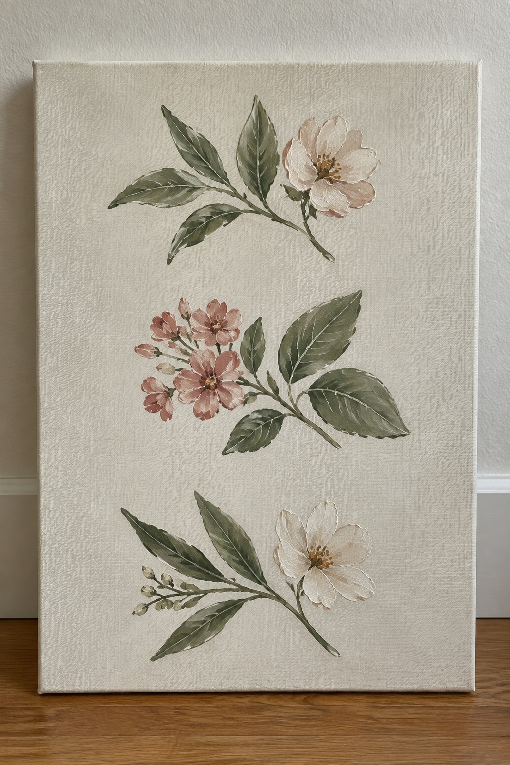 Three watercolor floral branches with pink and white blooms on beige canvas.