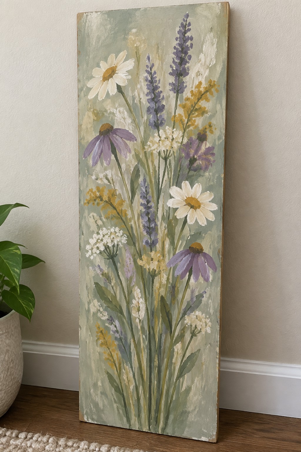 Vertical painting of wildflowers with daisies, lavender, and yellow blooms on green background