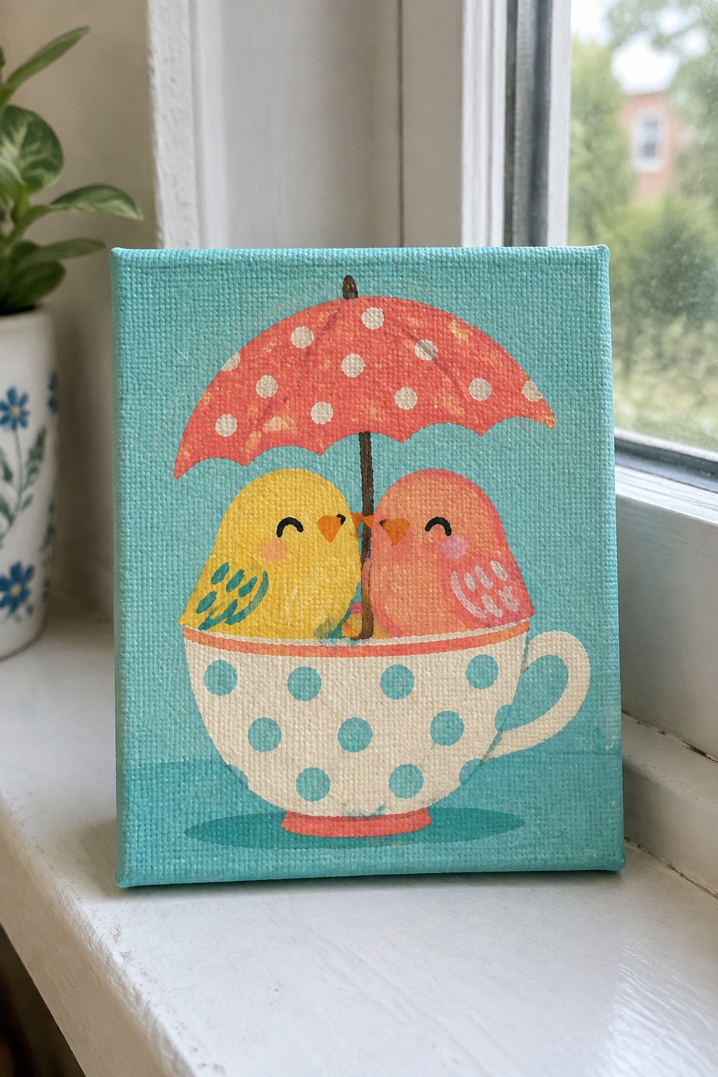 Two birds under red polka-dot umbrella inside teal-spotted teacup on turquoise canvas
