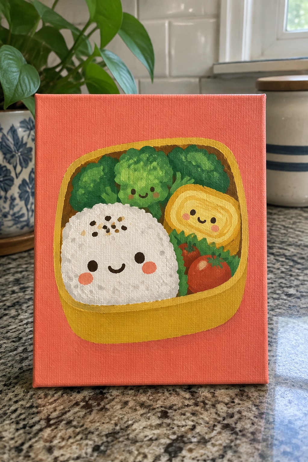 Acrylic canvas painting of kawaii bento with smiling rice, broccoli, omelette, and tomatoes on coral background