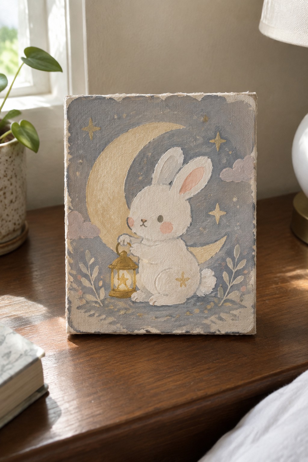 Cute white bunny holding golden lantern under crescent moon with stars and clouds.
