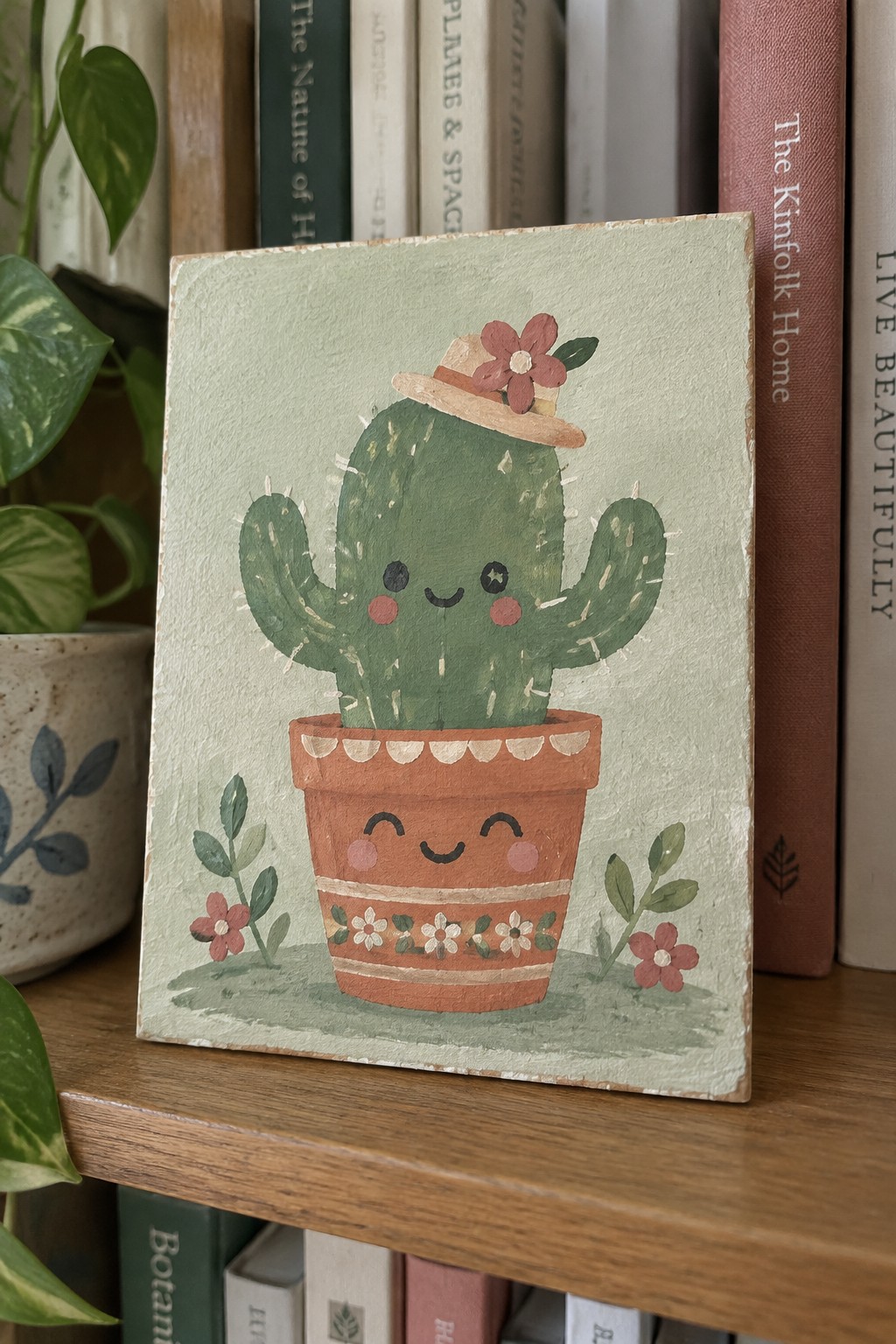 Cute green cactus with straw hat smiling in a decorated terracotta pot on a shelf.