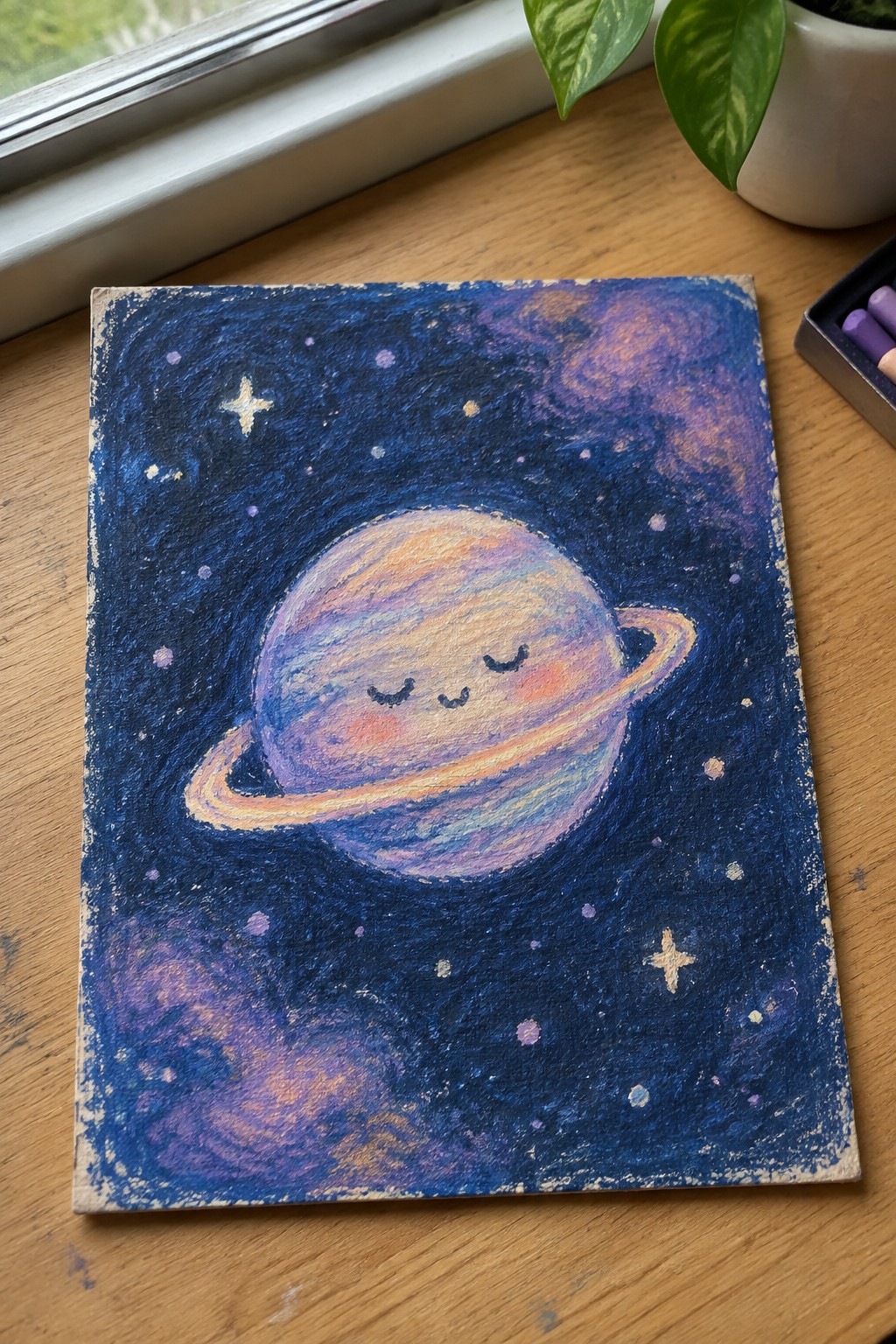 Cute chalk pastel drawing of smiling ringed planet in starry blue-purple space on wood table