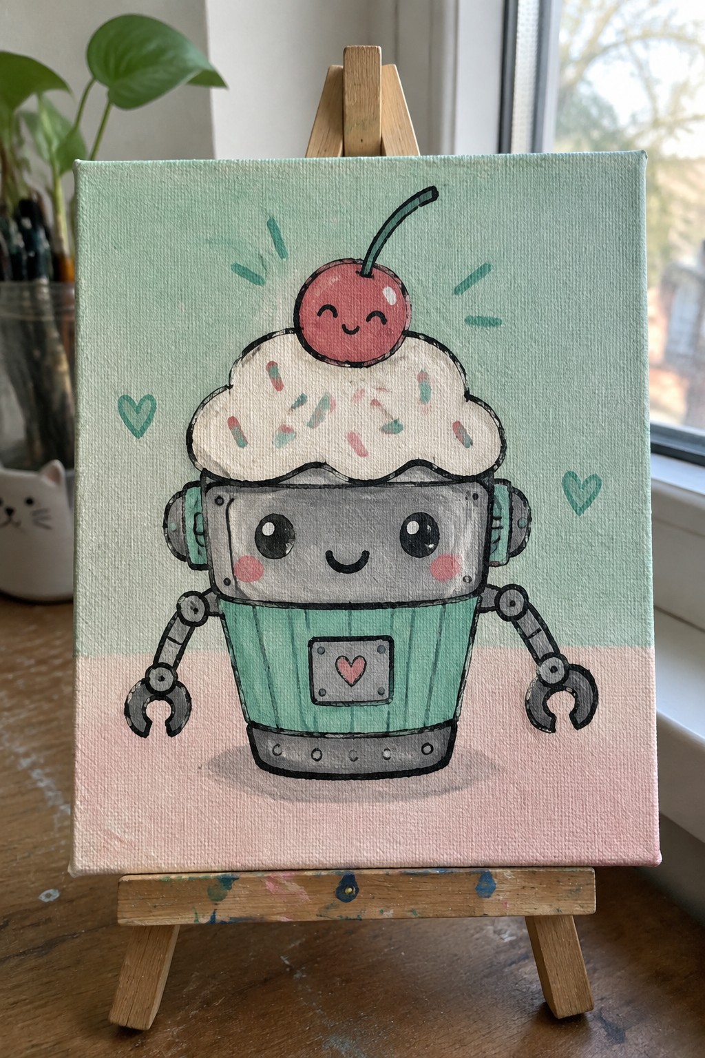 Kawaii robot cupcake painting on easel with cherry, frosting, and hearts