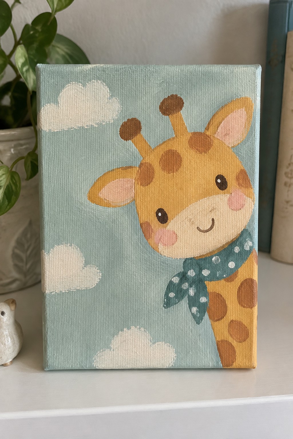 Cute giraffe painting with teal polka-dot scarf on light blue canvas with clouds