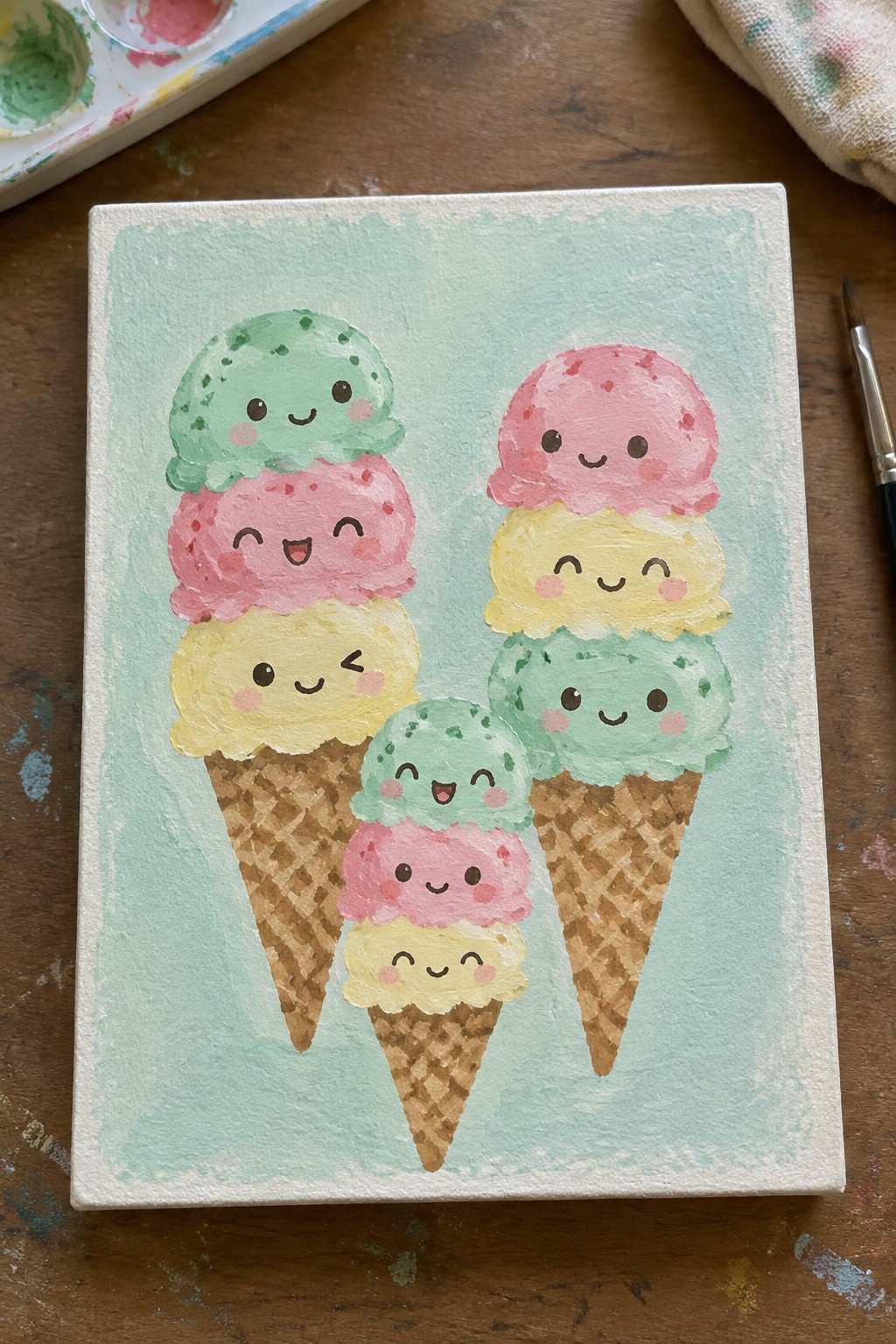 Watercolor painting of three kawaii ice cream cones with smiling faces on canvas