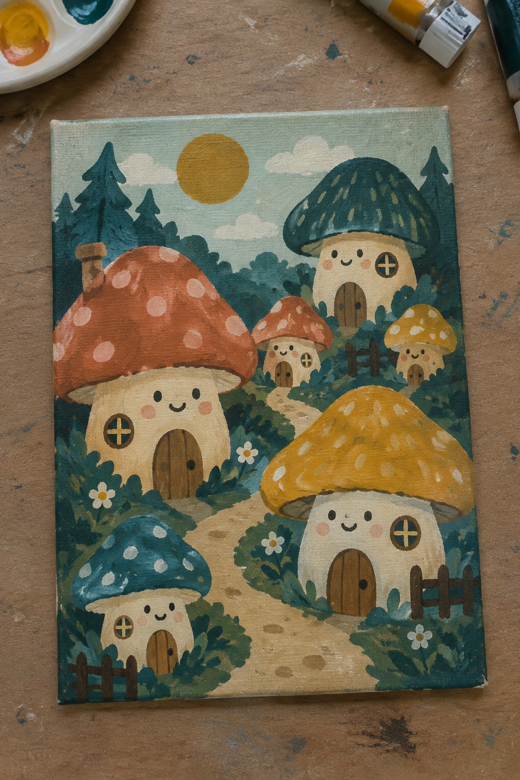 A small canvas shows several kawaii mushroom houses with faces along a path in a forest setting with trees and a sun.