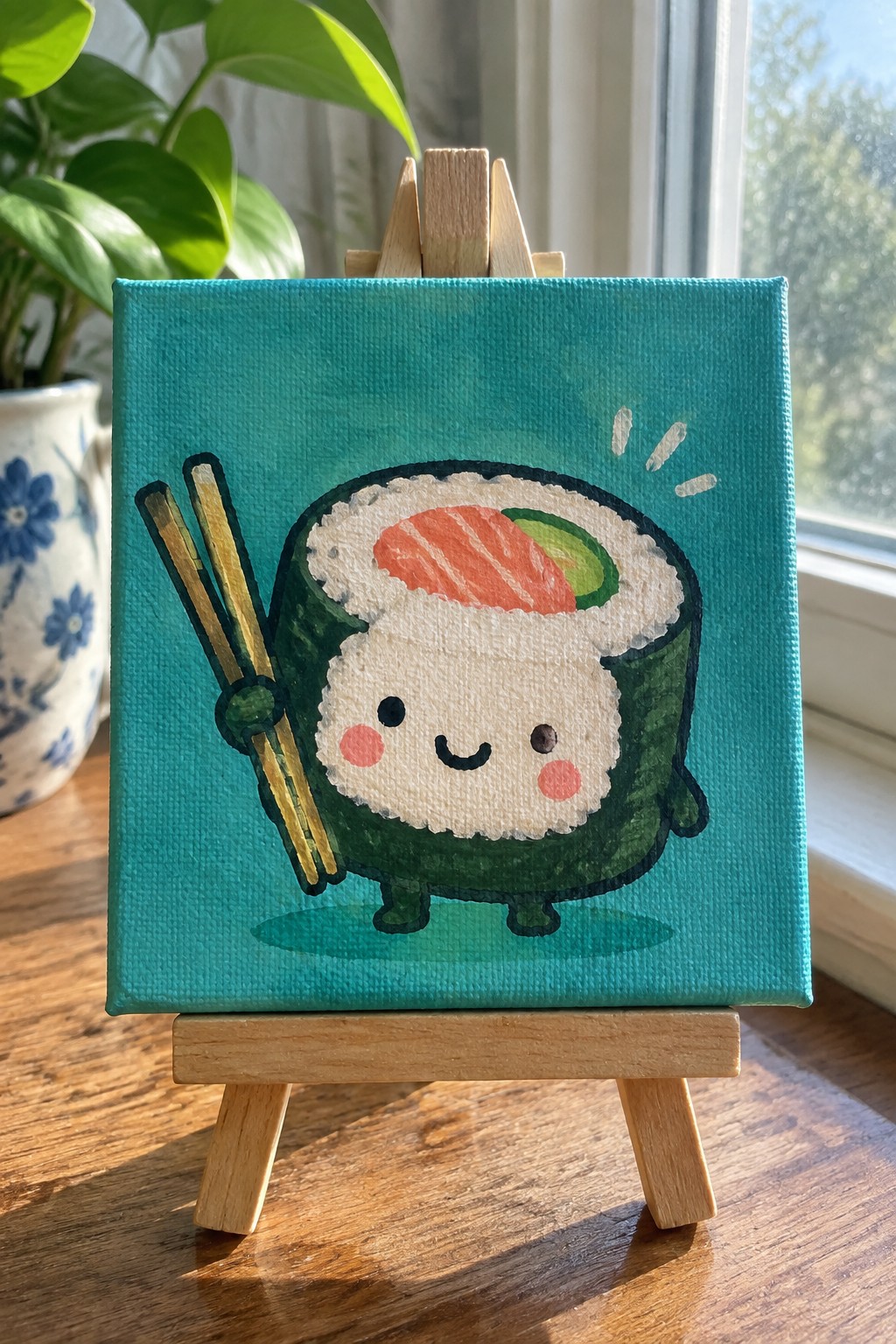 Cute kawaii sushi roll with chopsticks on small teal canvas atop wooden easel