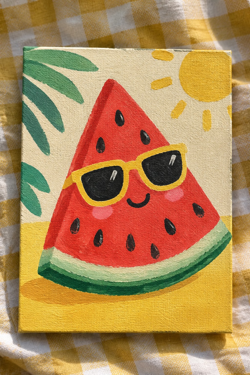 Colorful acrylic painting of smiling watermelon slice with sunglasses on yellow checkered fabric