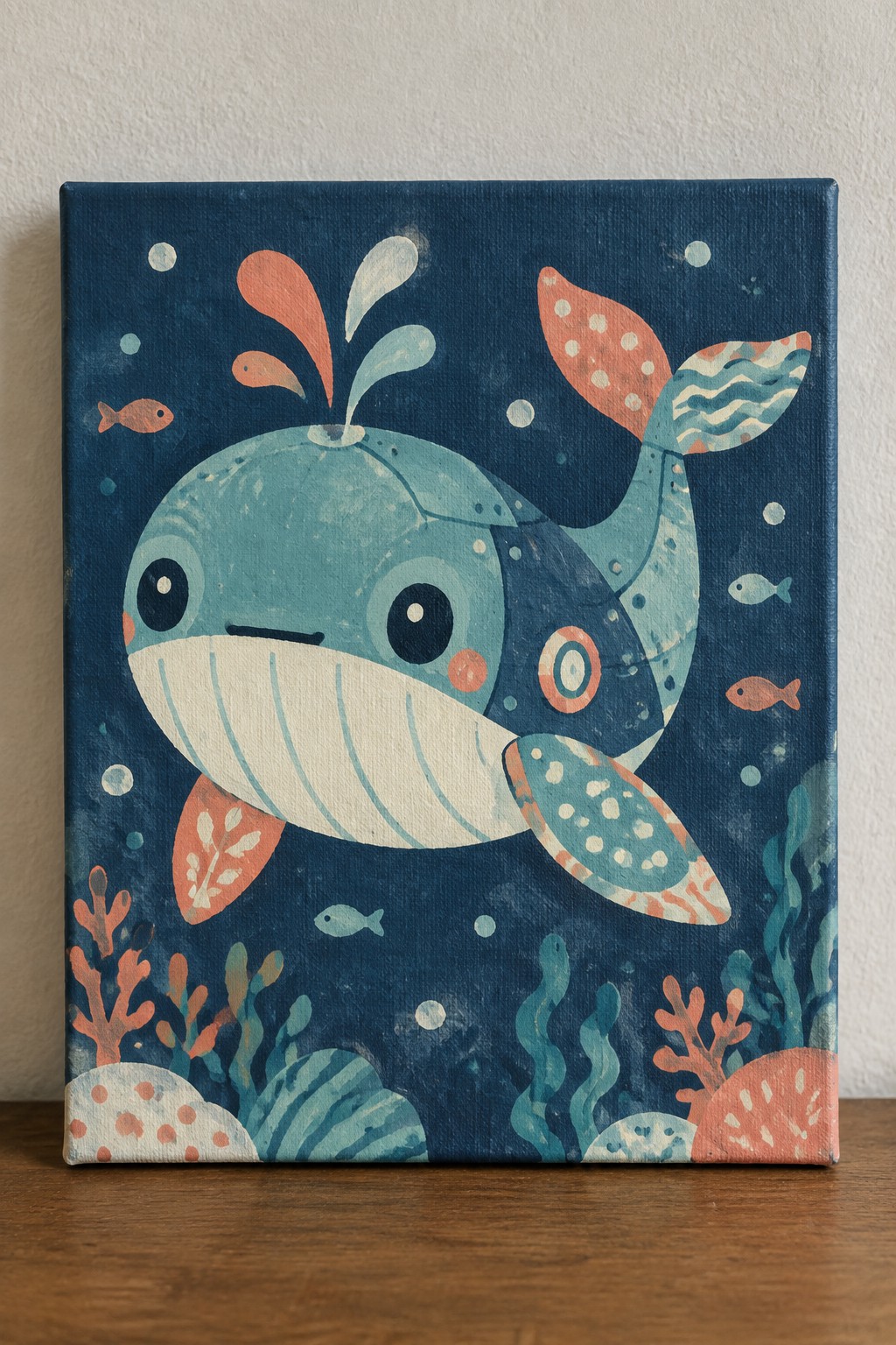 Vibrant canvas painting of a cute blue whale with coral fins amid fish and seaweed.