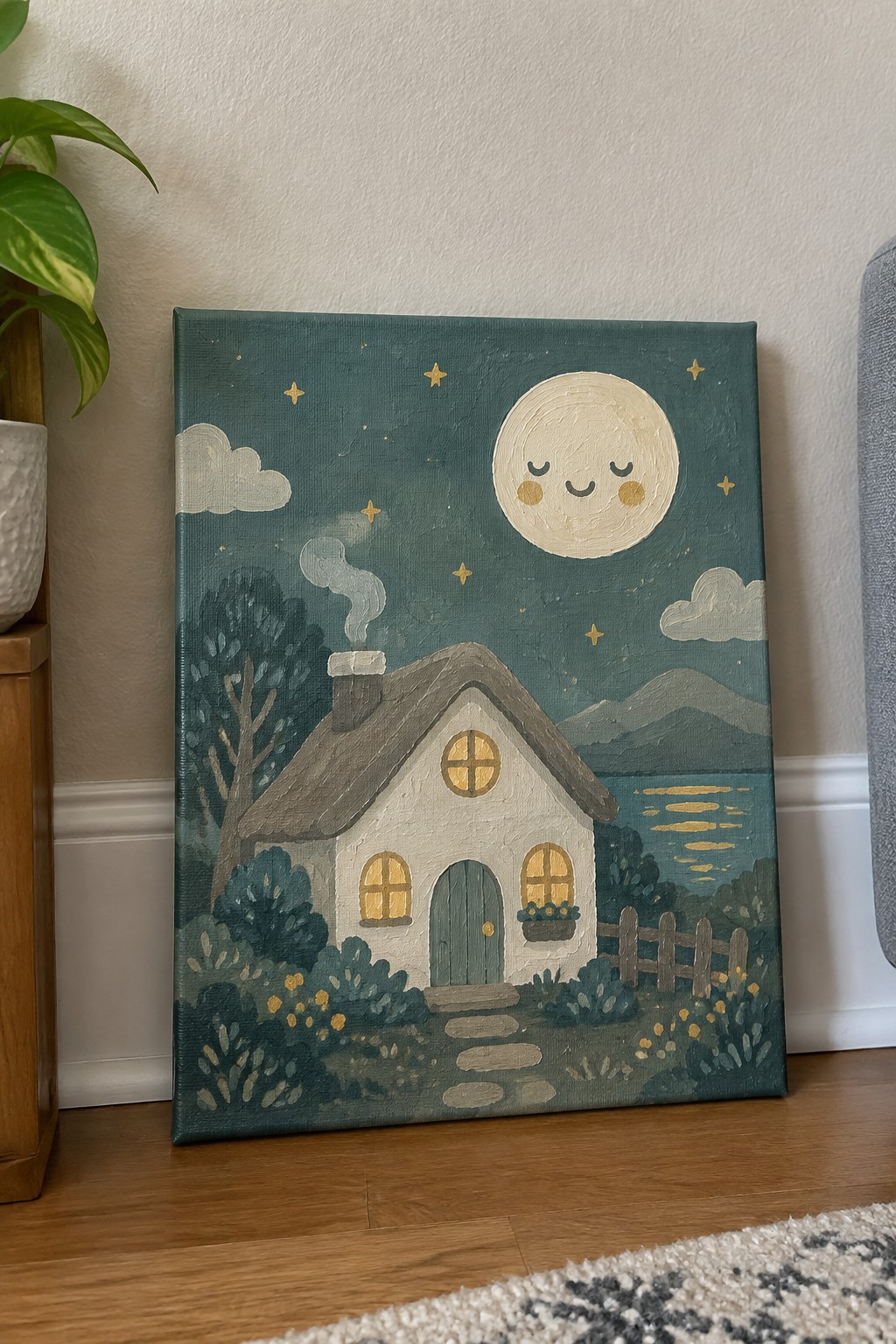 Whimsical cottage painting with smiling moon, glowing windows, stars, lake, and garden at night