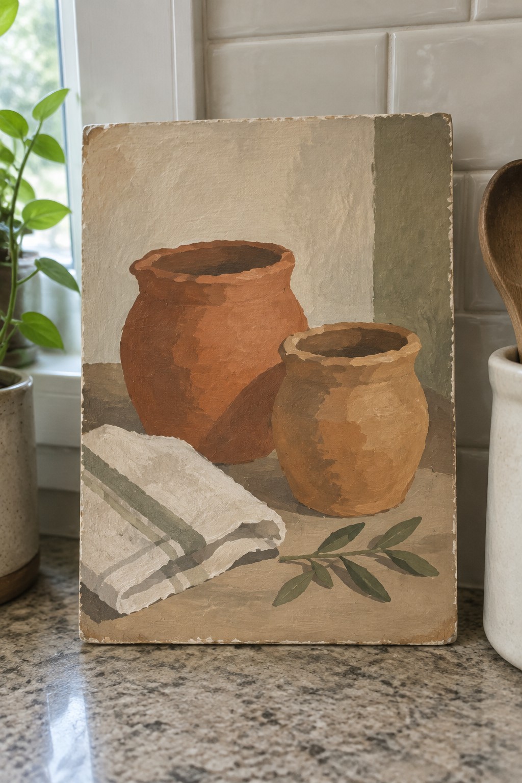 Still life painting of two terracotta pots, striped cloth, and green leaves.