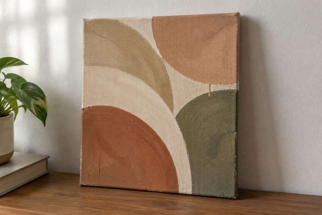 Abstract painting with curved earth-toned shapes on wooden shelf beside plant and books