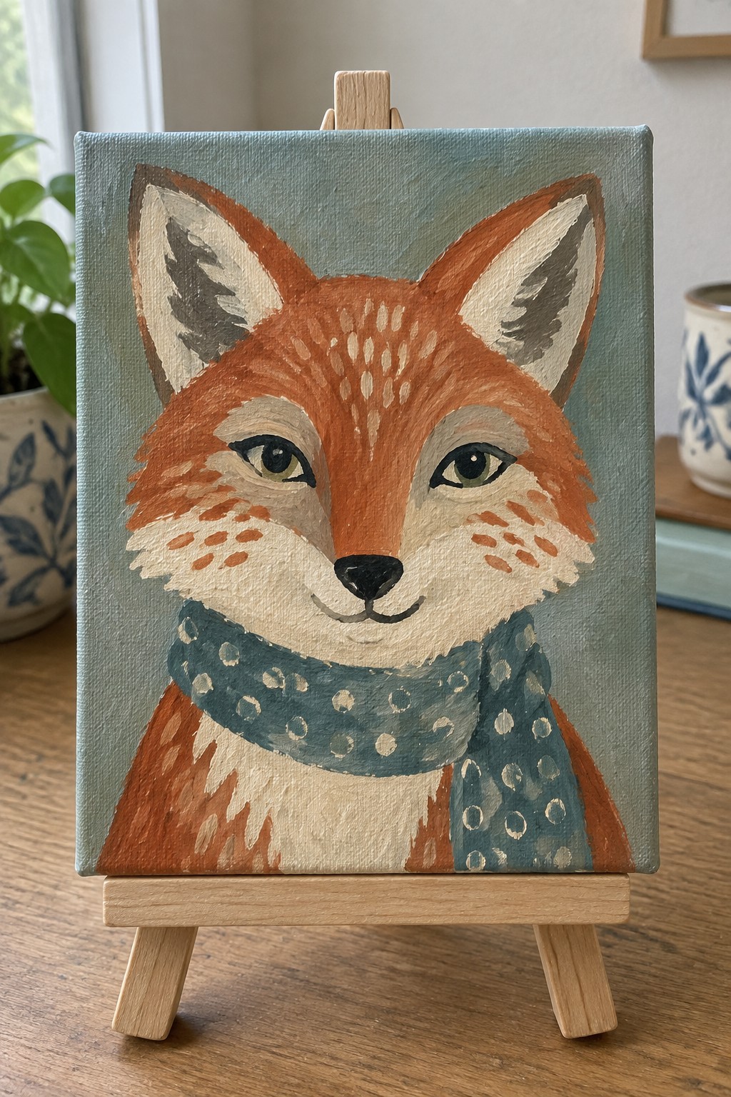 Orange fox painting with blue polka-dot scarf on wooden easel
