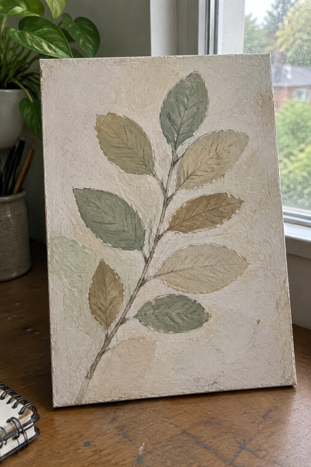 Botanical painting of leafy branch in muted green and brown tones on canvas