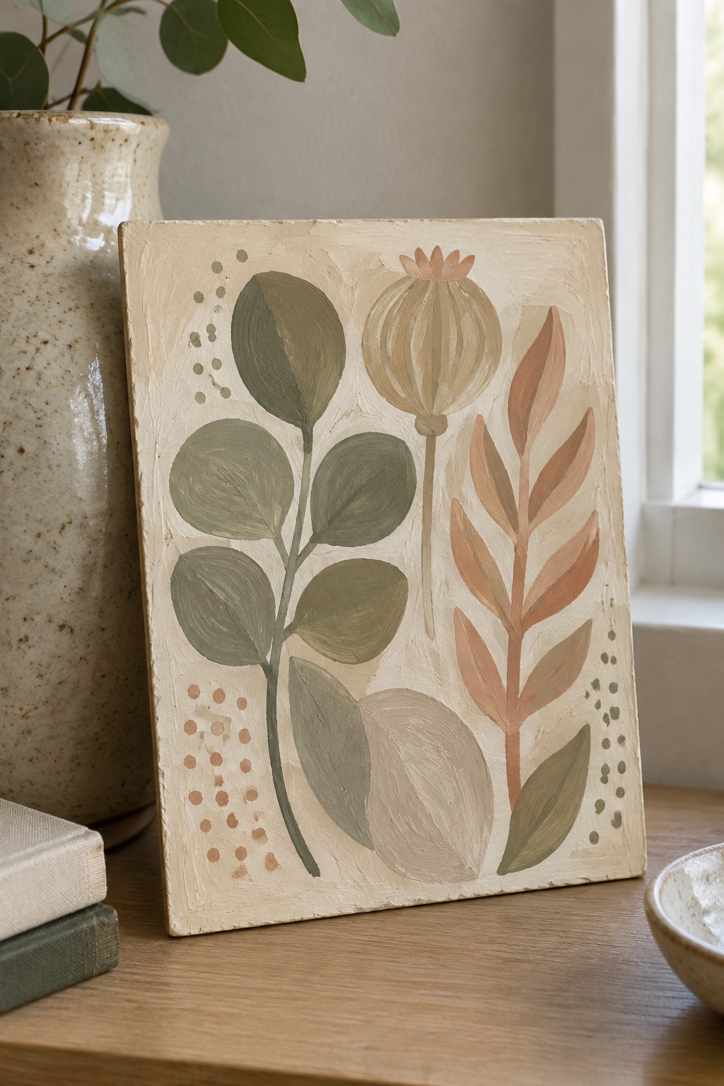 Abstract botanical painting with green leaves, seed pod, and terracotta foliage on beige canvas