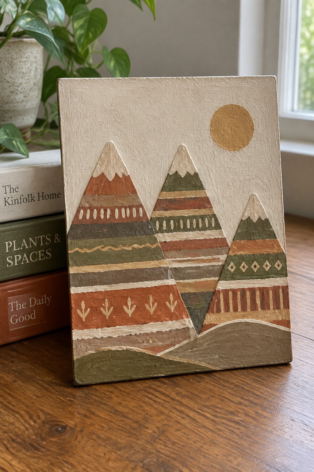 Three patterned mountains and sun on beige canvas beside stacked books and plant