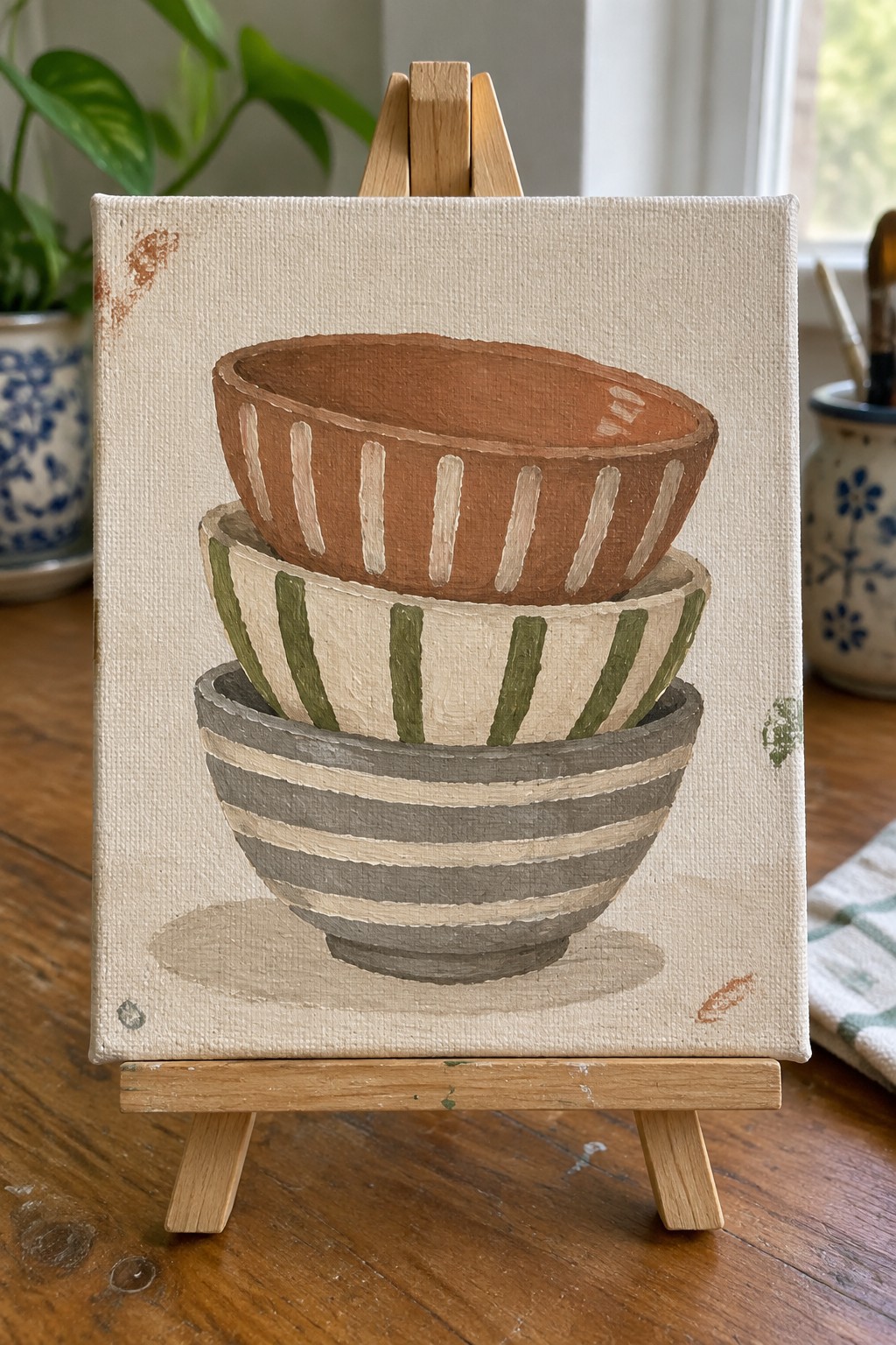 Painting on easel of three stacked striped bowls in earthy tones.