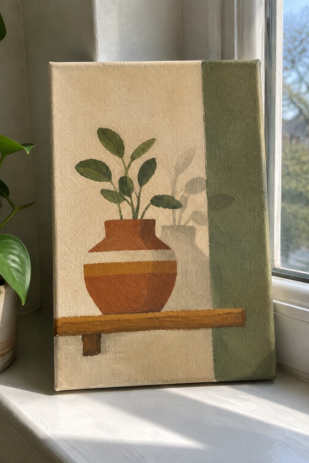 Painting of terracotta pot with plant on shelf against beige and green background