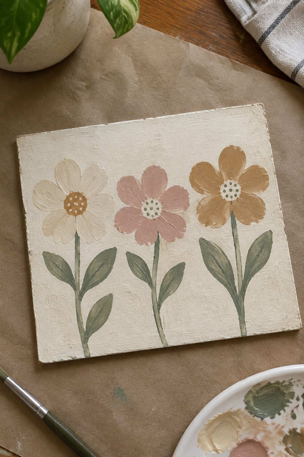 Three painted flowers in cream, pink, and brown on canvas with art supplies nearby.