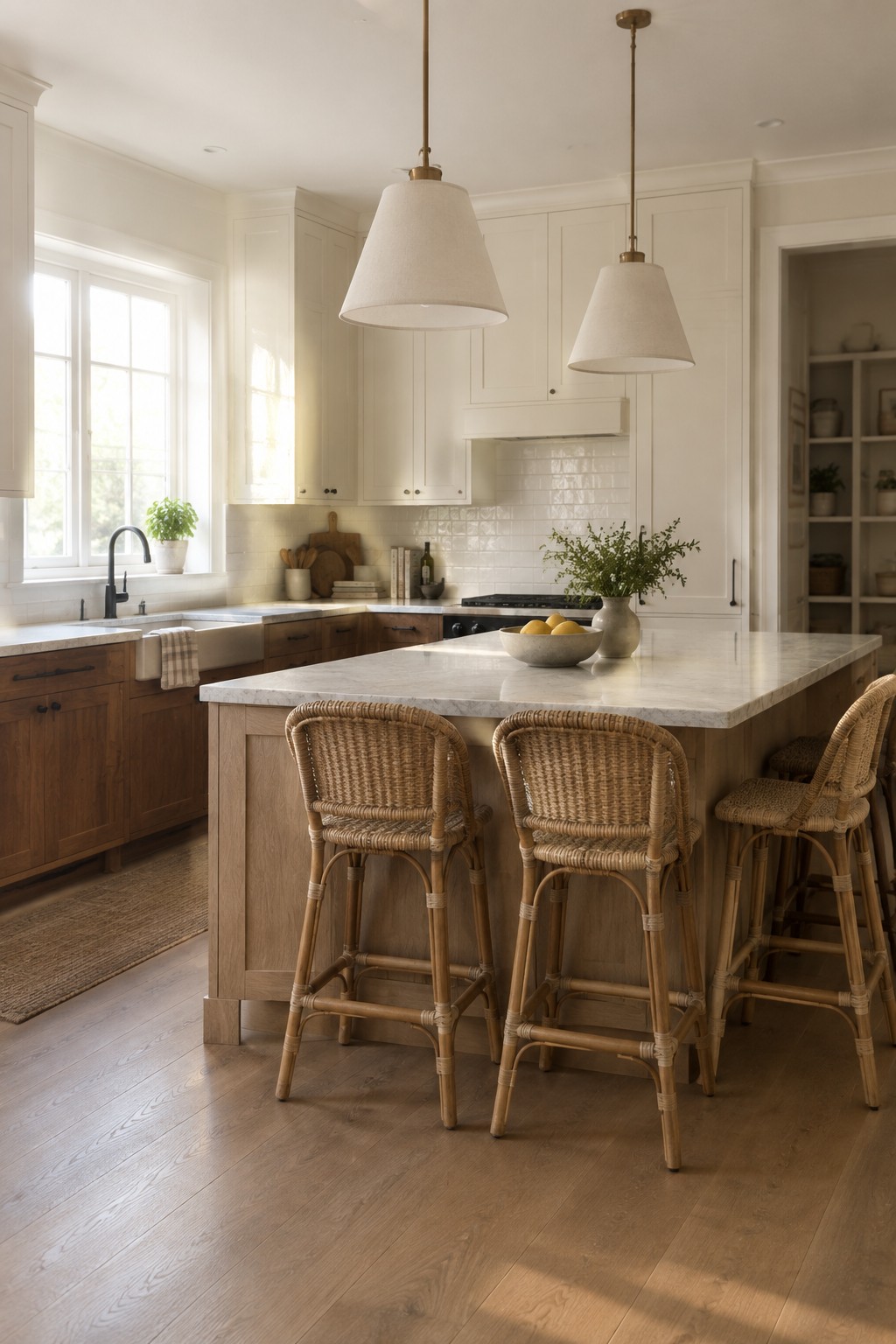 Bright kitchen with marble island, woven rattan bar stools, and pendant lights.