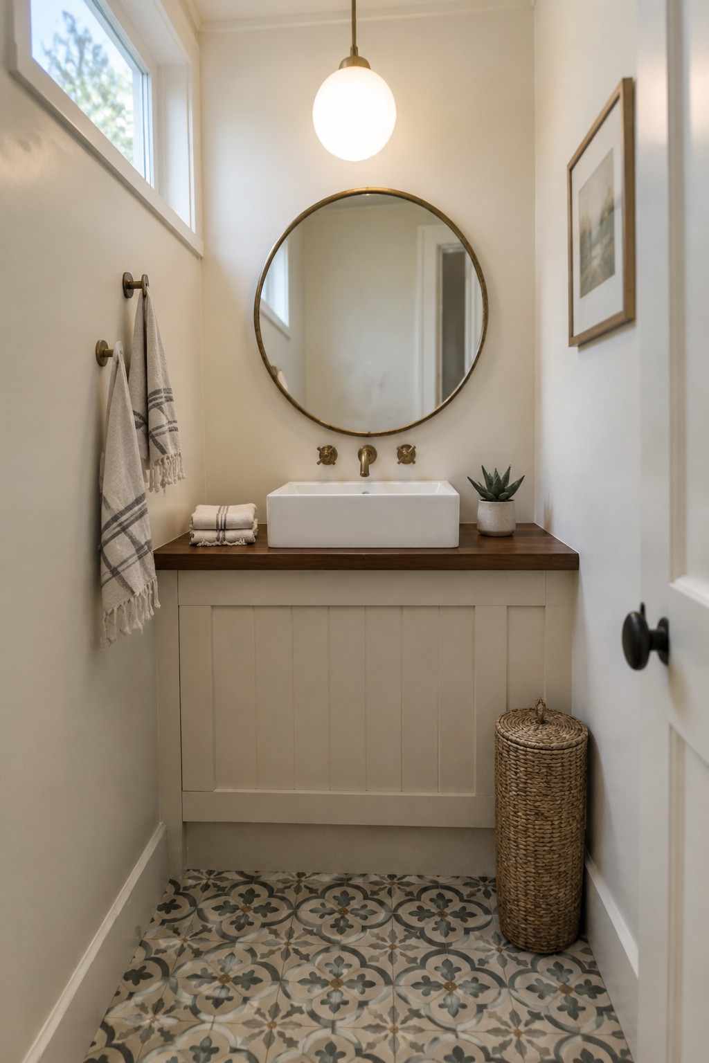 Creamy off-white painted vanity cabinet in a small bathroom with a dark wood countertop.